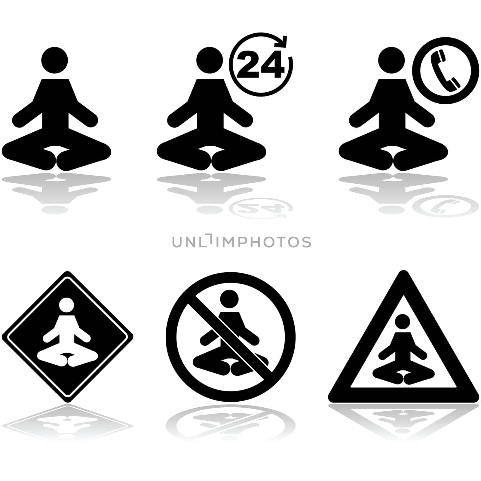 Icon set showing a person meditating and different related signs