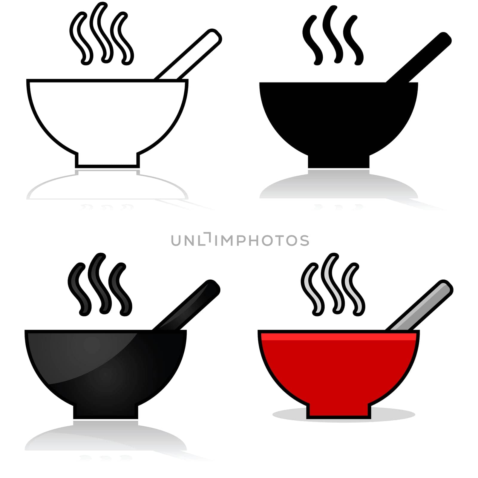 Icons showing a bowl of soup represented in different graphic styles