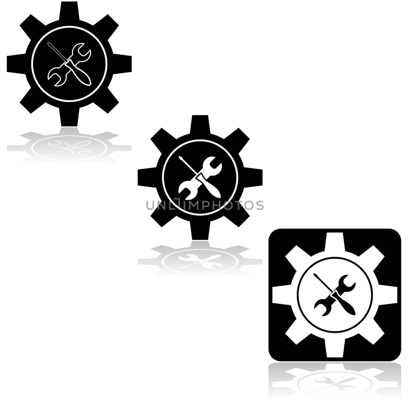 Icon set showing a machine gear combined with a wrench and screwdriver