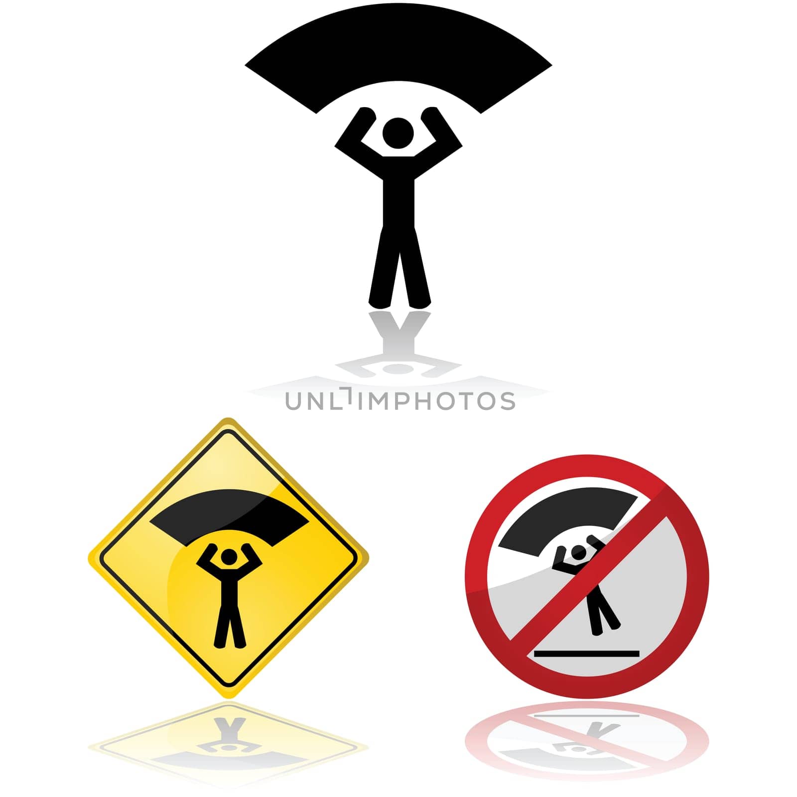 Icon set showing a man descending with a parachute