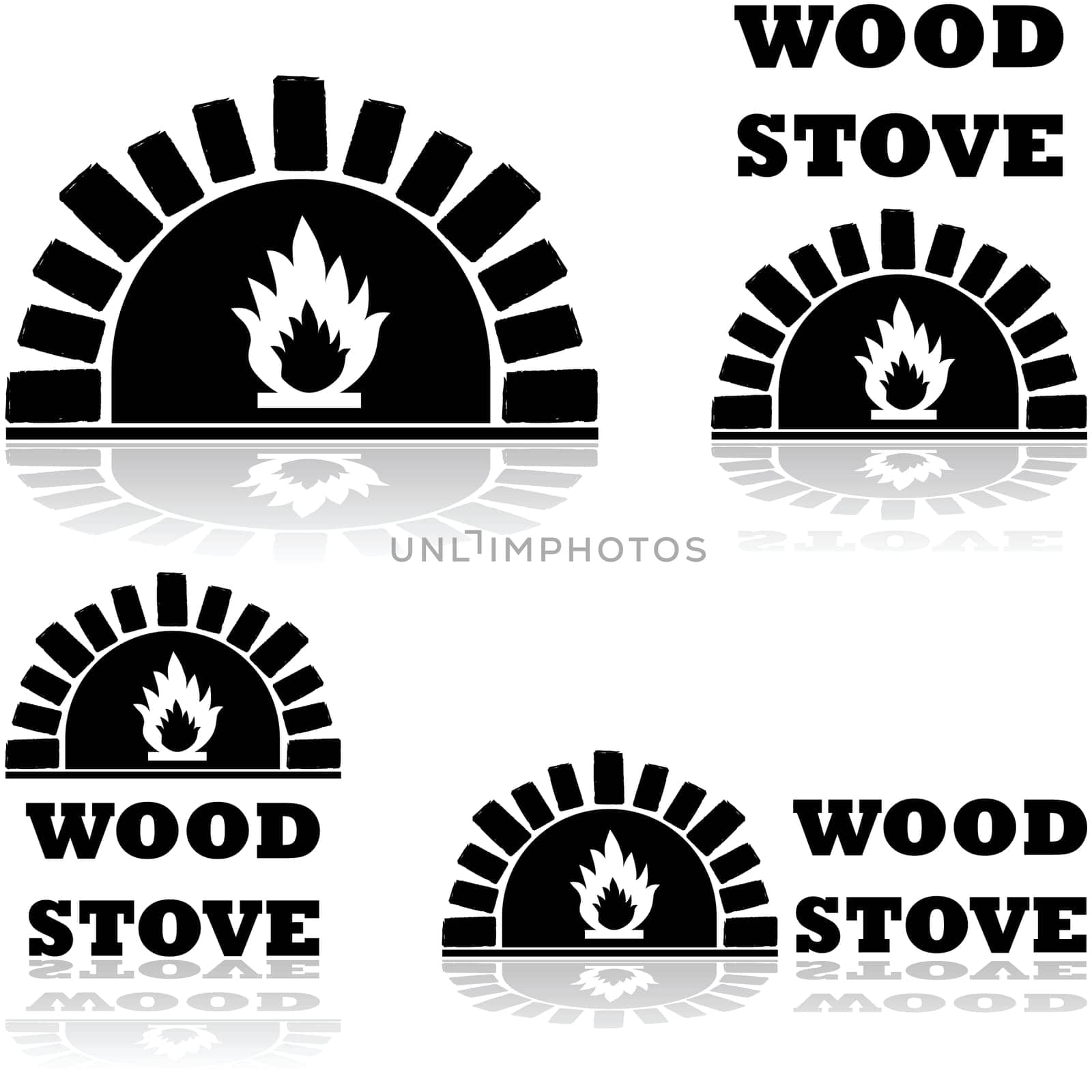 Icon set showing a wood stove combined with the words "wood stove"""