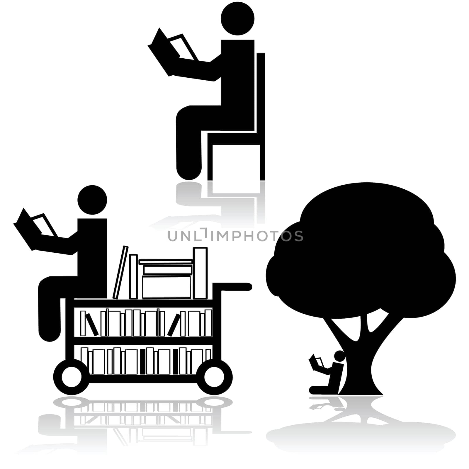 Icon set showing a person reading in different scenarios