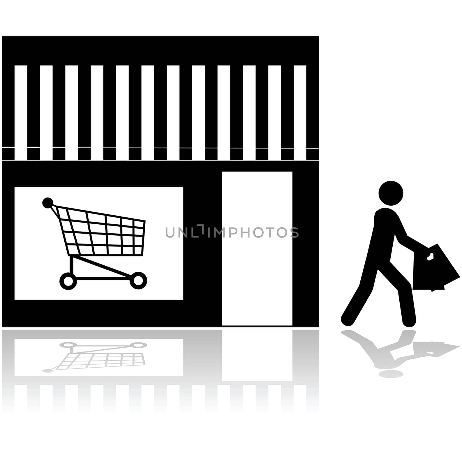 Icon showing a person walking out of a store carrying bags