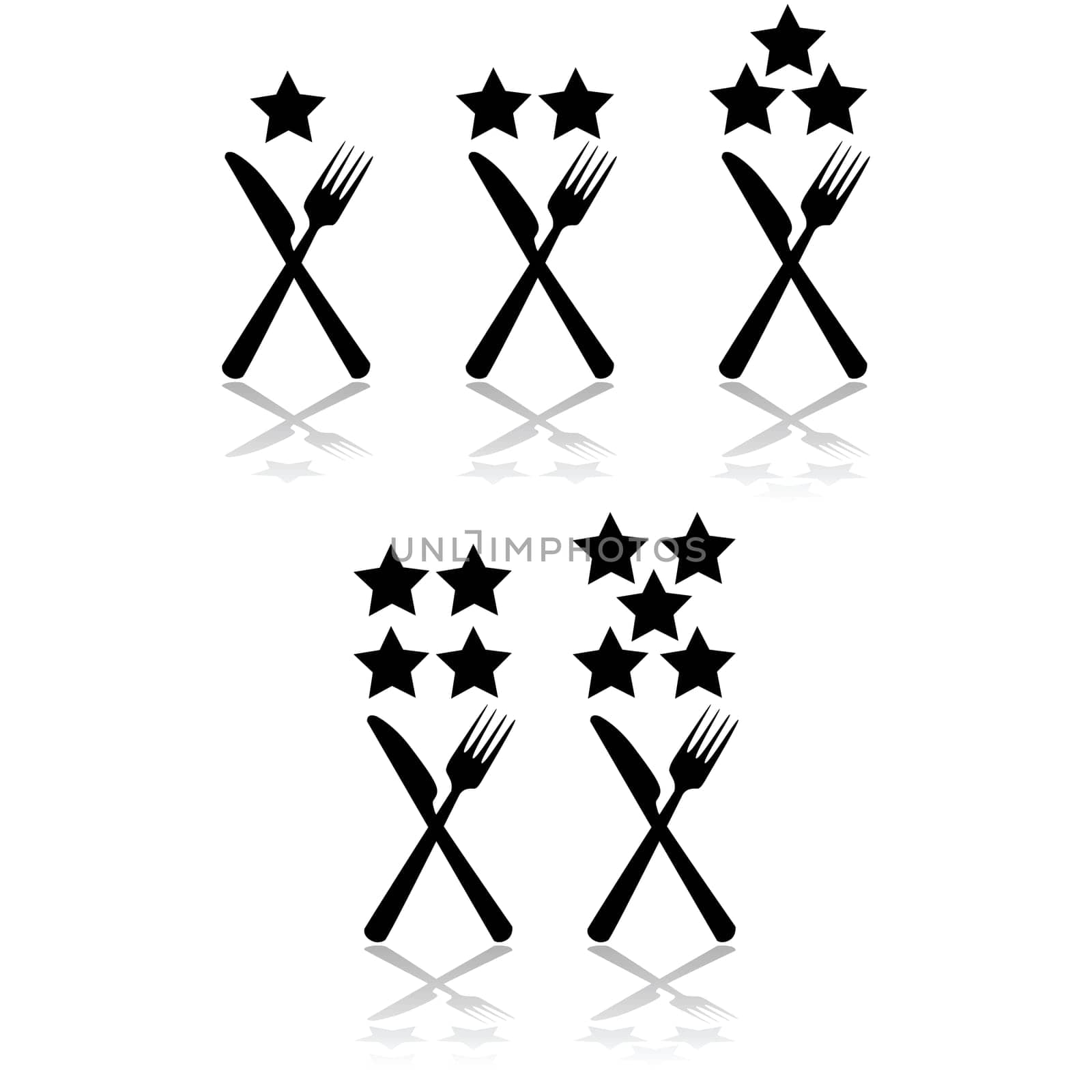 Concept illustration showing a fork and a knife combined with stars indicating the rating of a restaurant