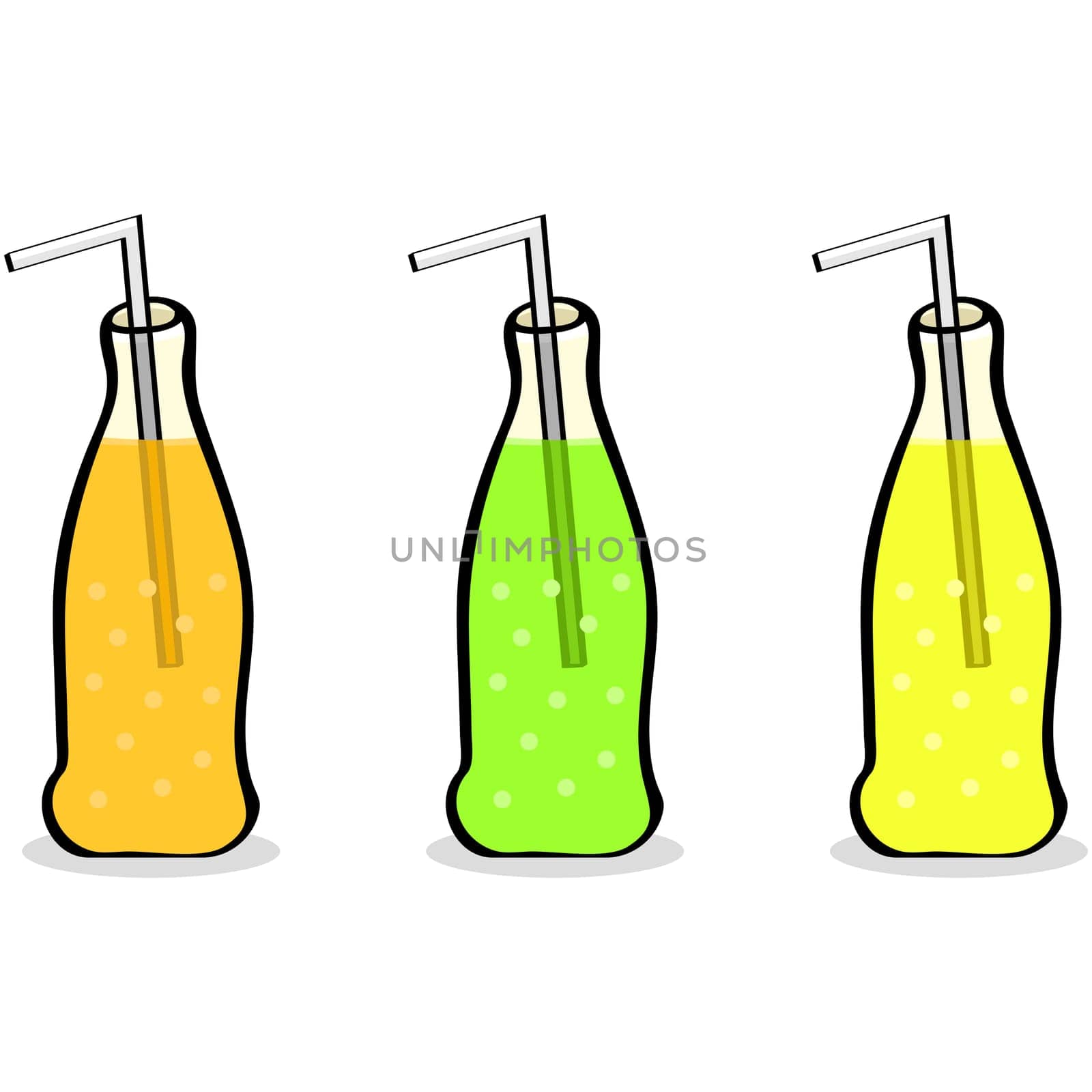 Cartoon illustration showing three different soft drink bottles