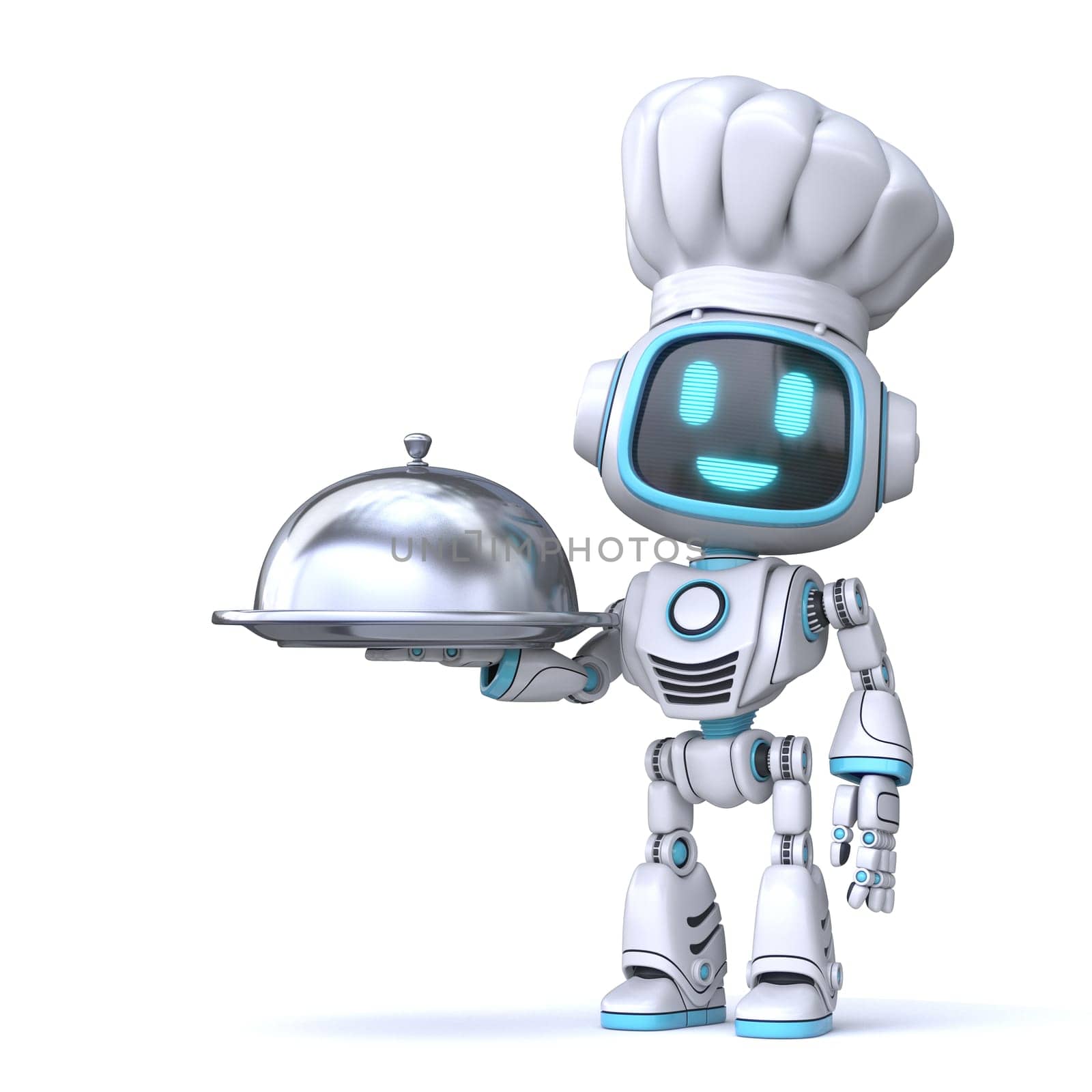 Cute blue robot holding serving cloche 3D rendering illustration isolated on white background