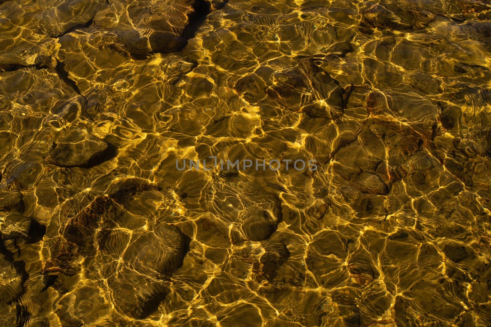Shiny transparent water. clear water with pebbles and stone on the bottom. shining reflections of sun rays and ripples on the water surface