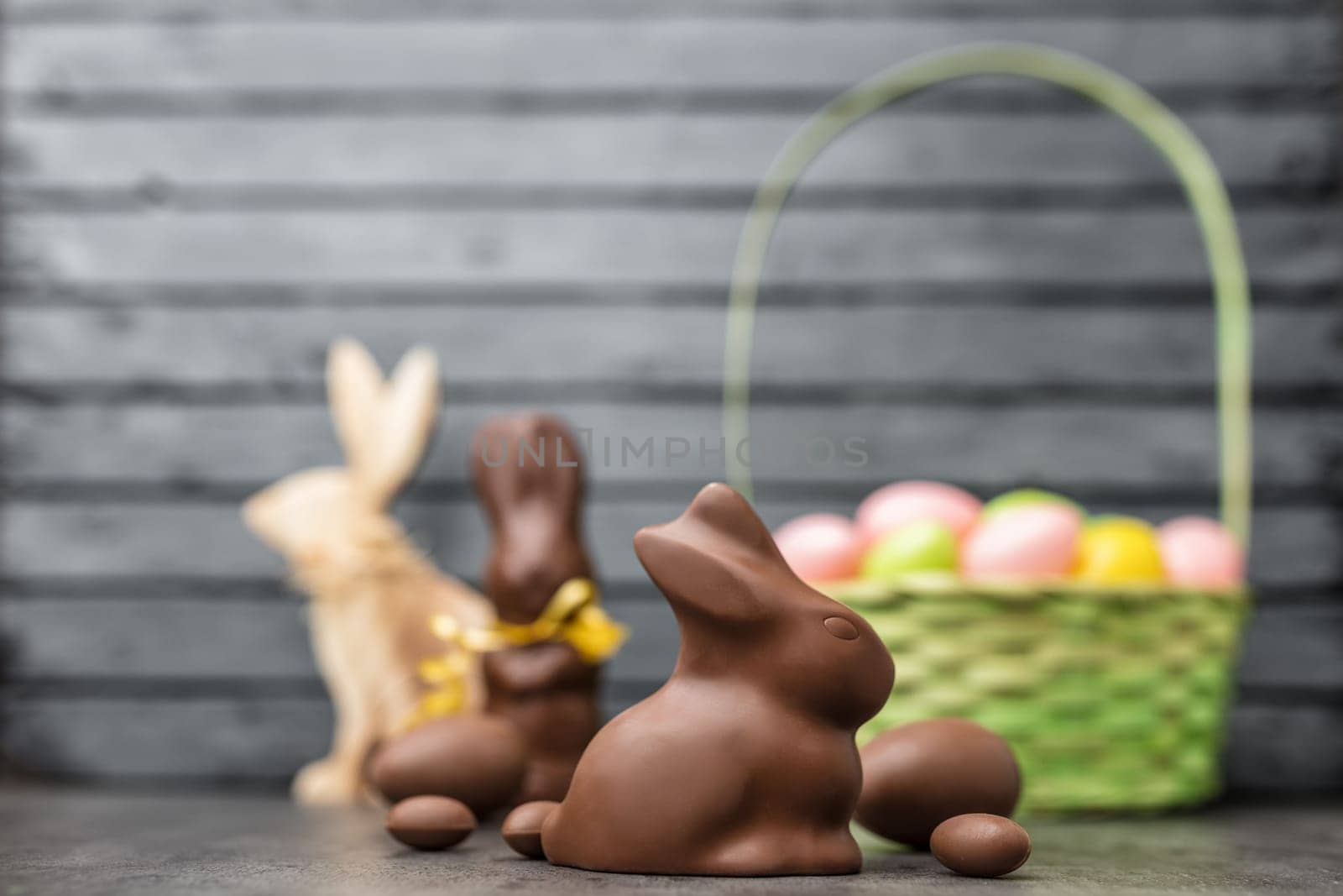 Delicious Easter holiday chocolate bunny, eggs and sweets