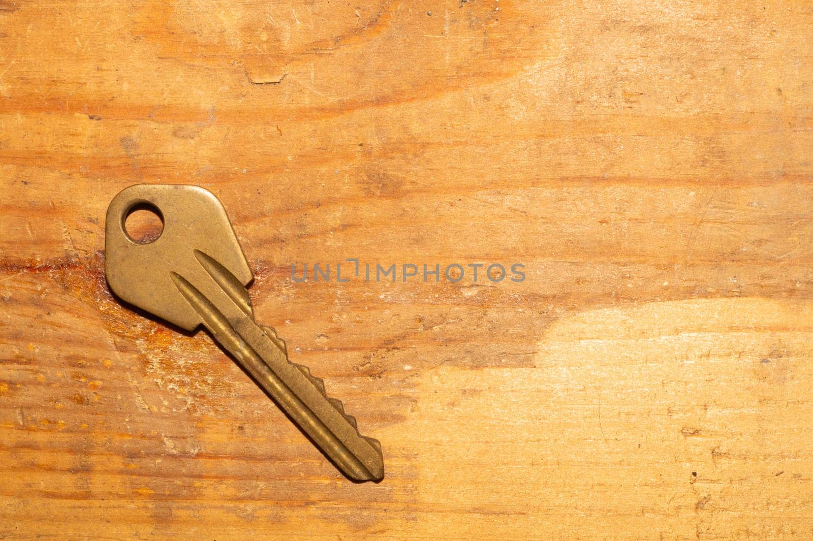 Key isolated on wooden background. safety and security concept. copy space