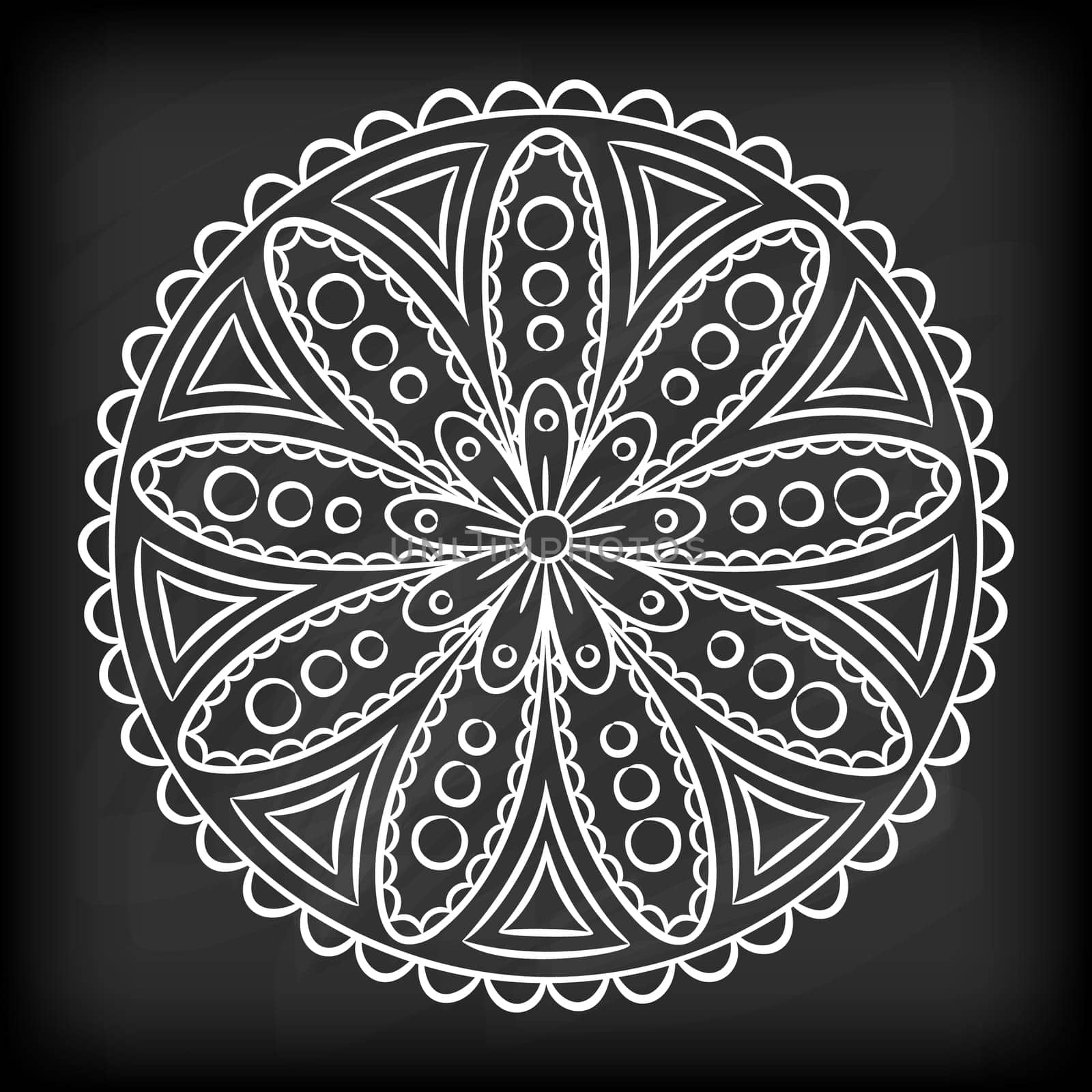 Doodle mandala flower on chalkboard. Outline floral design element. Coloring book pattern. Decorative round flower. Anti-stress therapy pattern on white background. Meditation poster. Vector illustration.
