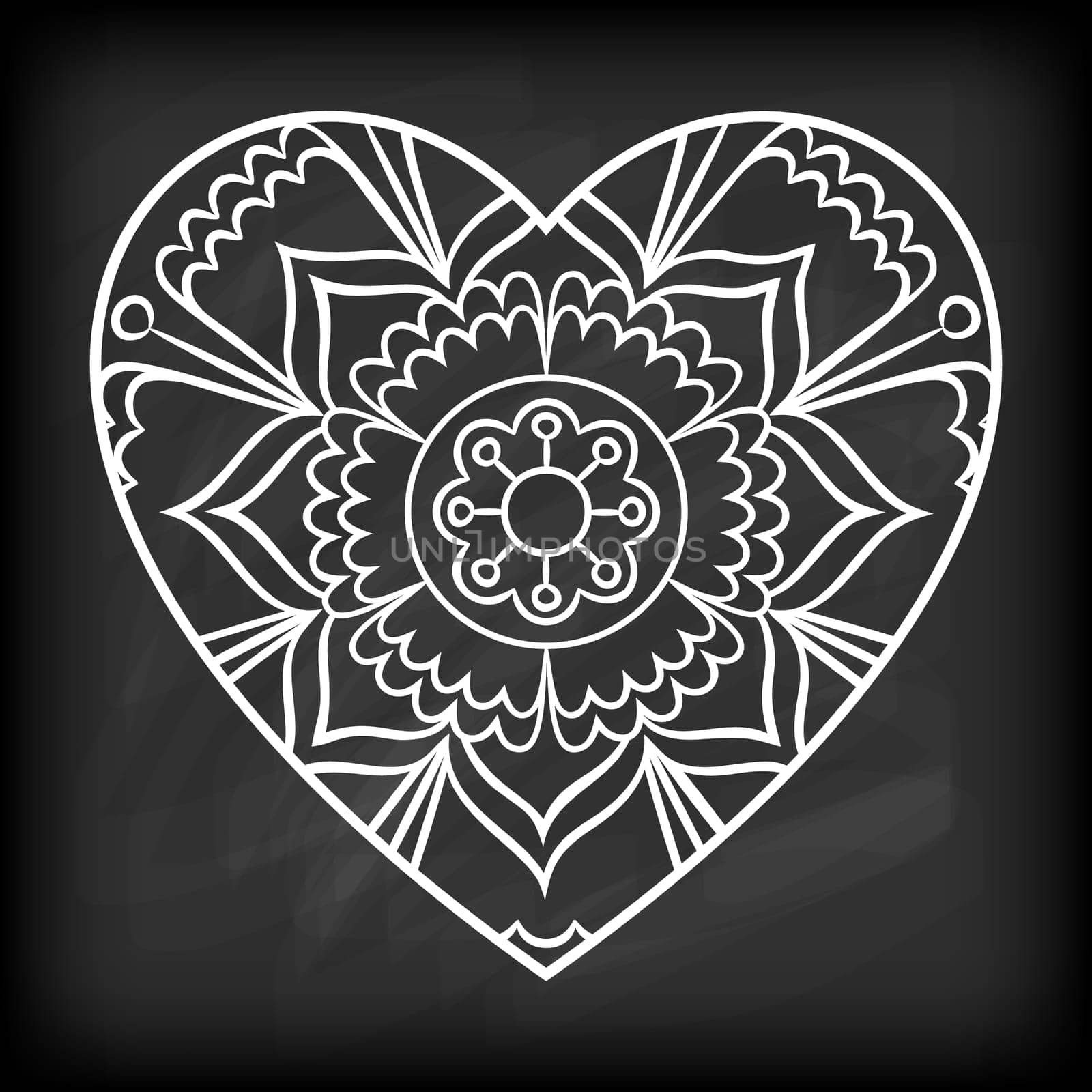 Doodle heart mandala on chalkboard. Outline flower in a heart shape. Coloring book pattern. Decorative round flower. Wedding invitation, baby shower design lelement. Vector illustration.