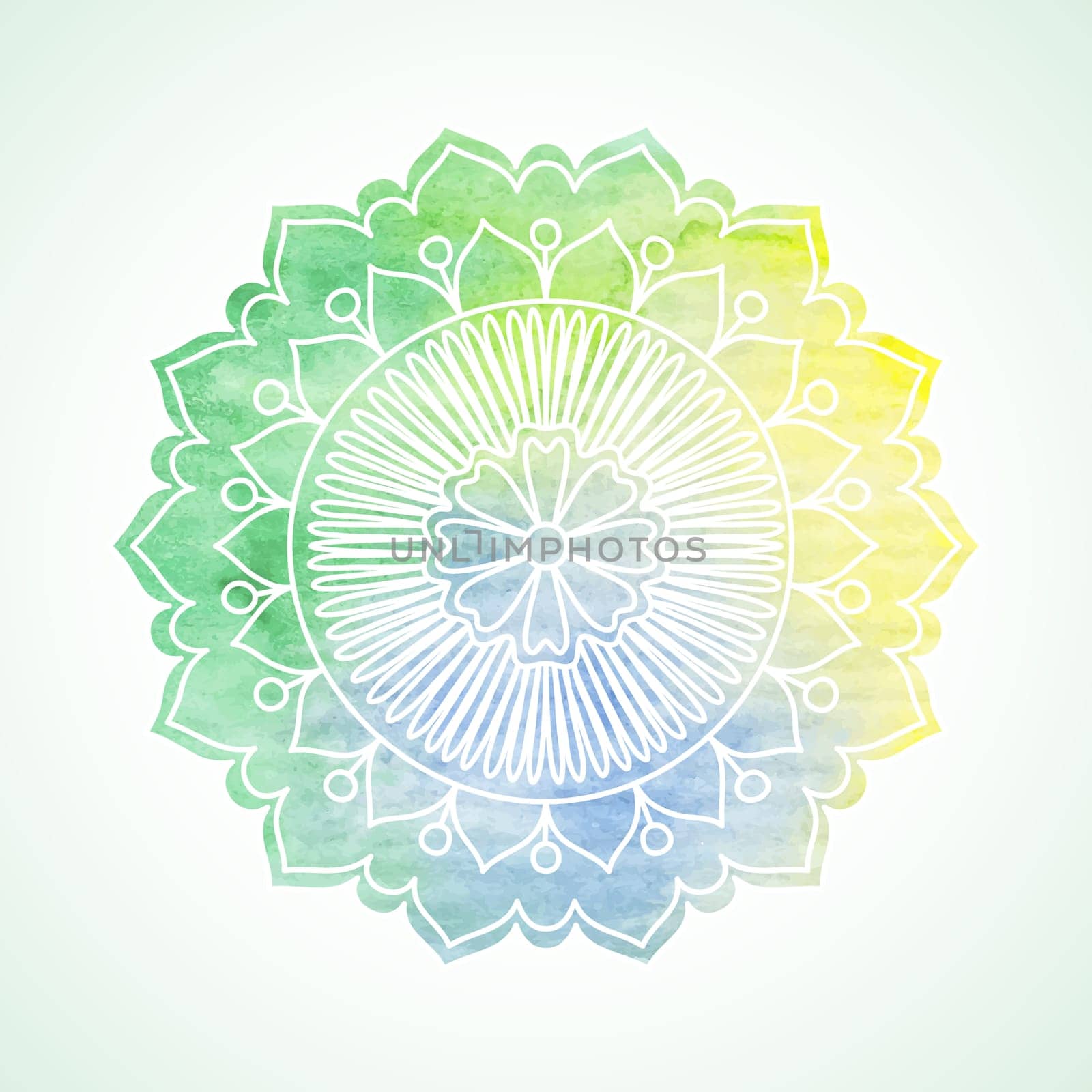 Doodle and watercolor flower. Hand painted graphic element. Boho and ethnic style mandala. Decorative art for birthday cards, wedding and baby shower invitations, scrapbooking. Vector illustration.
