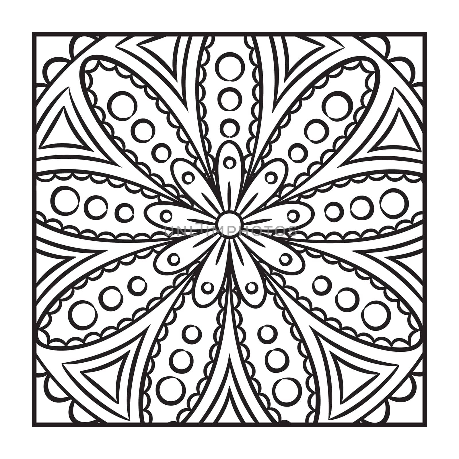 Doodle mandala coloring page. Outline floral design element. Coloring book pattern. Decorative round flower. Anti-stress therapy pattern on white background. Meditation poster. Vector illustration.