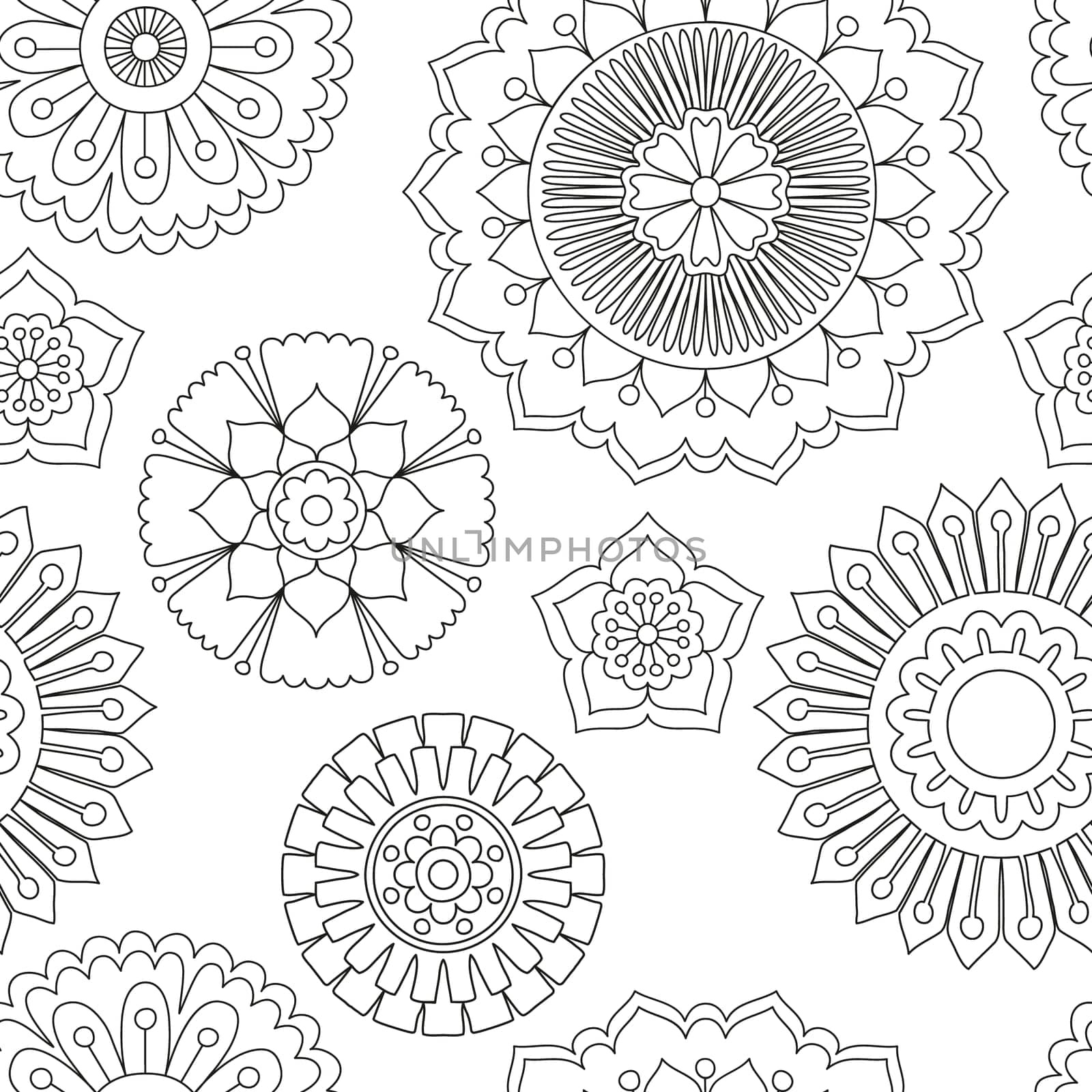 Seamless doodle flowers pattern. Hand drawn tribal concept. Boho and ethnic style mandala. Decorative art for birthday cards, wedding and baby shower invitations, scrapbooking. Vector illustration.