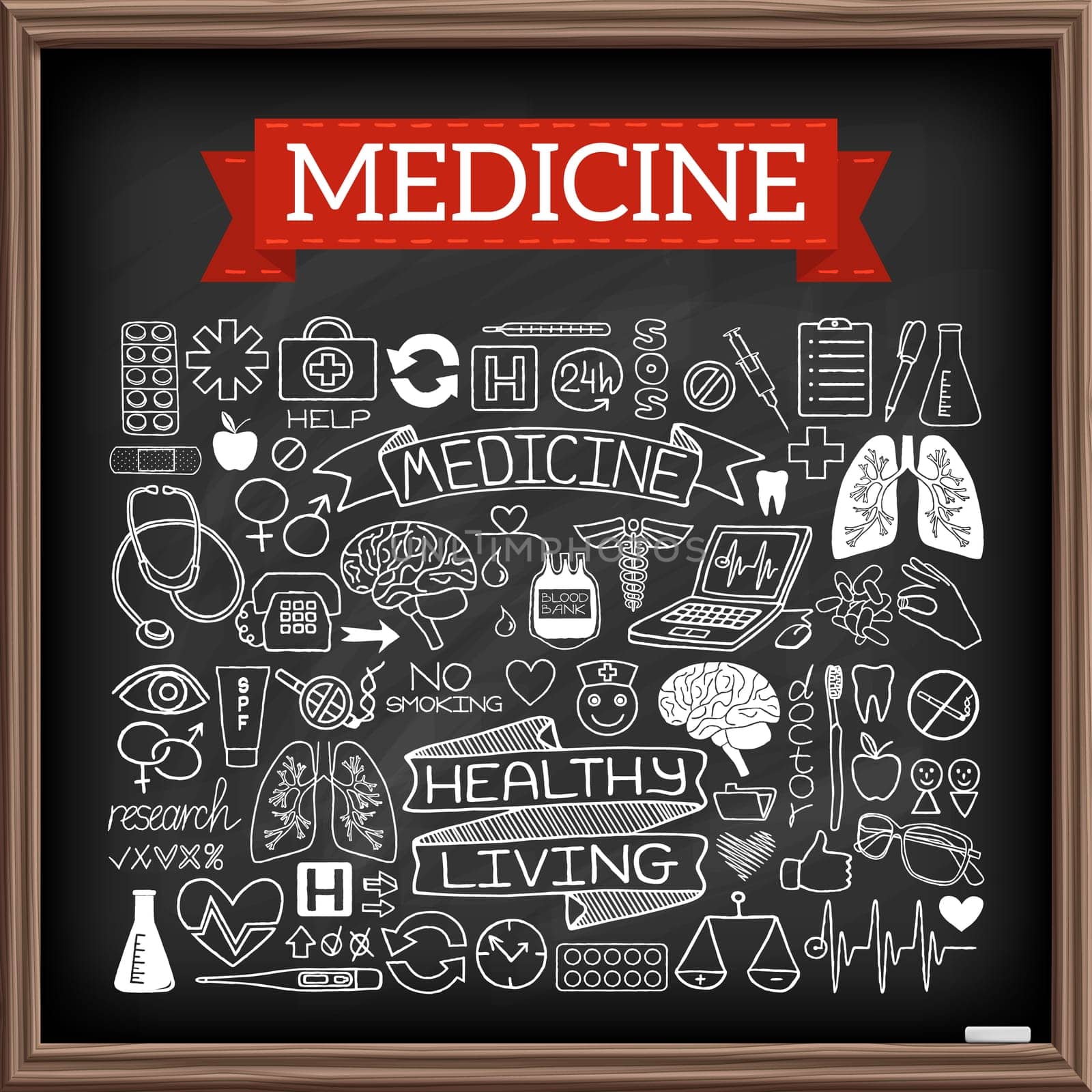 Medical doodles on chalk board. Hand drawn healthcare set of icons with medicine and science tools, human organs, diagrams, banners with quotes etc. Black chalkboard effect. Vector illustration.