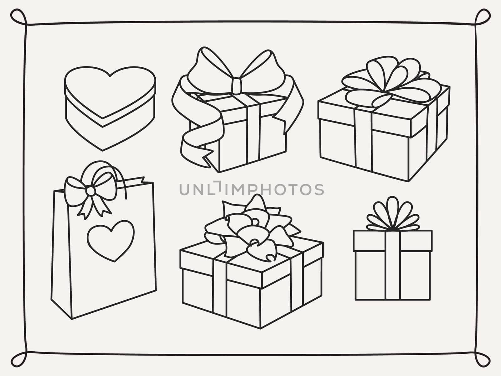 Doodle set of gift boxes with bows, heart shaped box and a gift bag. Hand drawn presents collection. Graphic design elements for advertisement, flyer, poster, web shop sale. Vector illustration