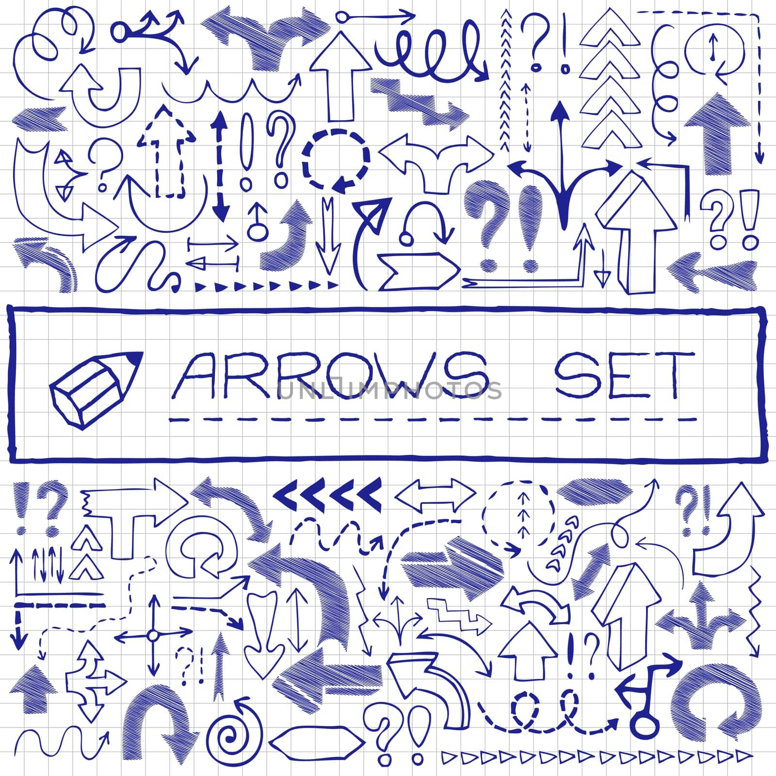 Hand drawn arrow icons with question and exclamation marks, blue pen effect. Vector illustration.