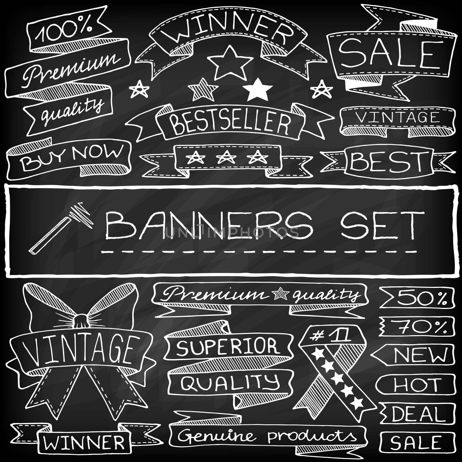 Handdrawn banner and tag icons with captions and stars, chalkboard effect.. Vector illustration.