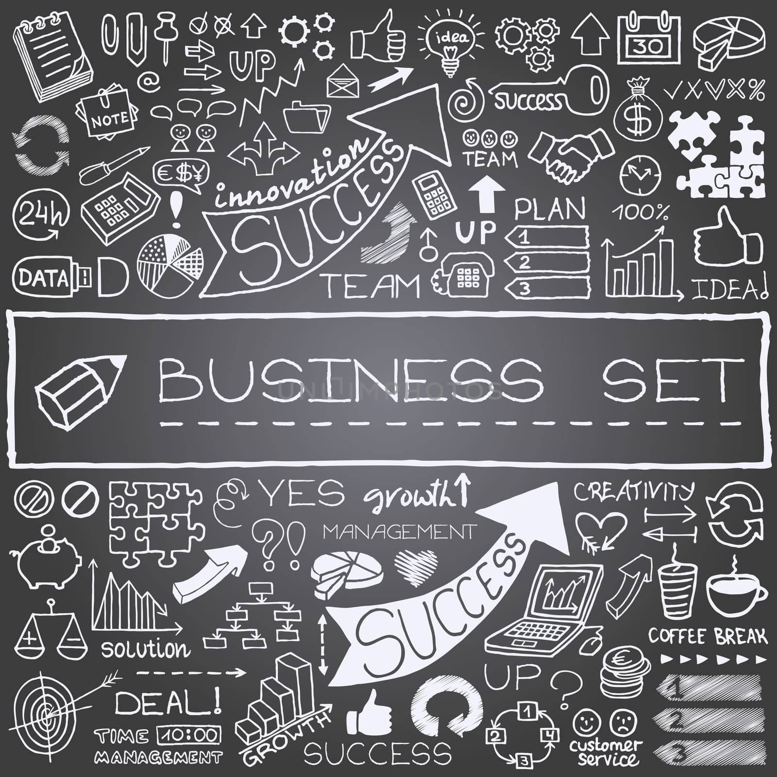 Hand drawn business icons set with arrows, diagrams, puzzle pieces, thumbs up and more. Chalkboard effect. Vector Illustration.