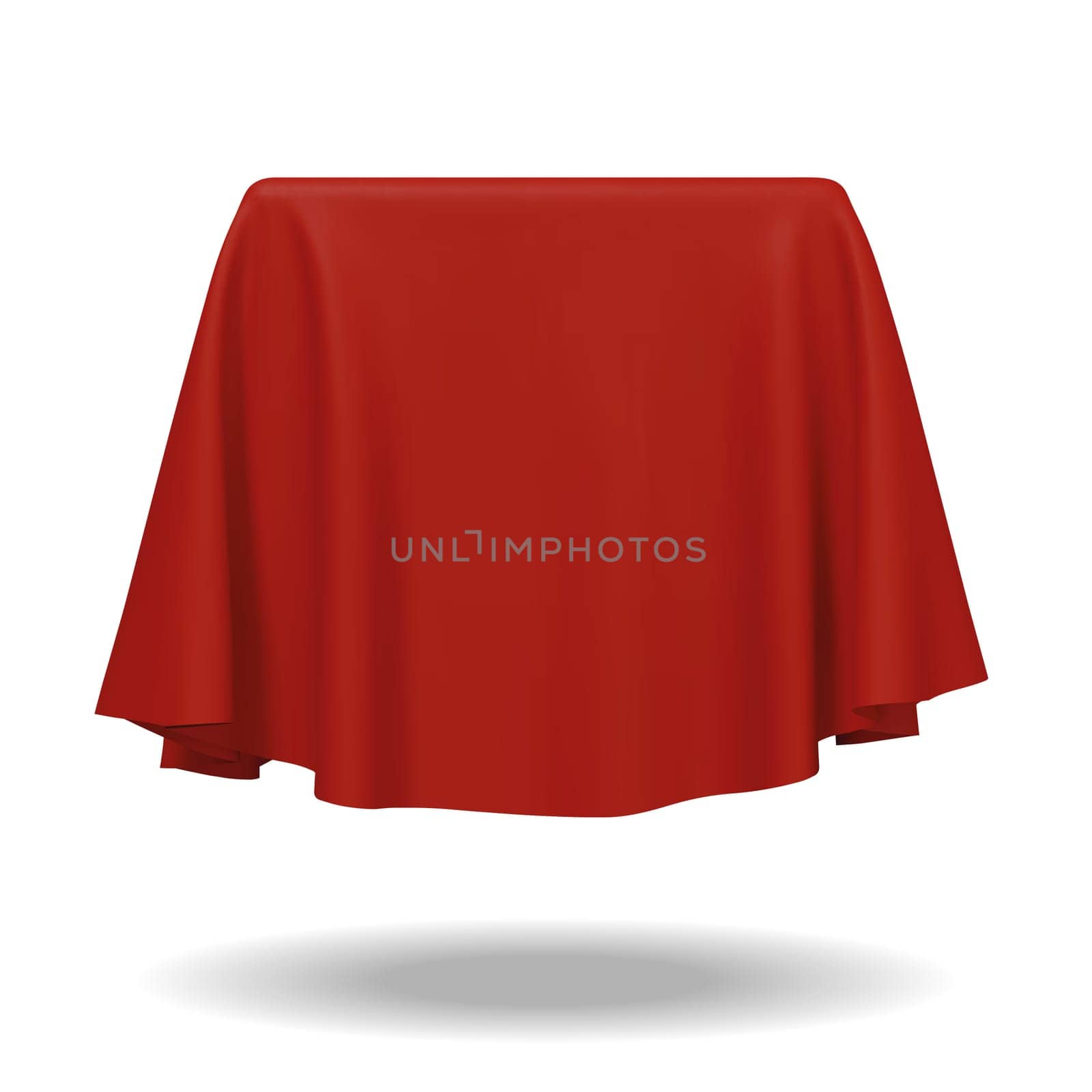 Red fabric covering a cube or rectangular shape, isolated on white background. Can be used as a stand for product display, draped table. Vector illustraion