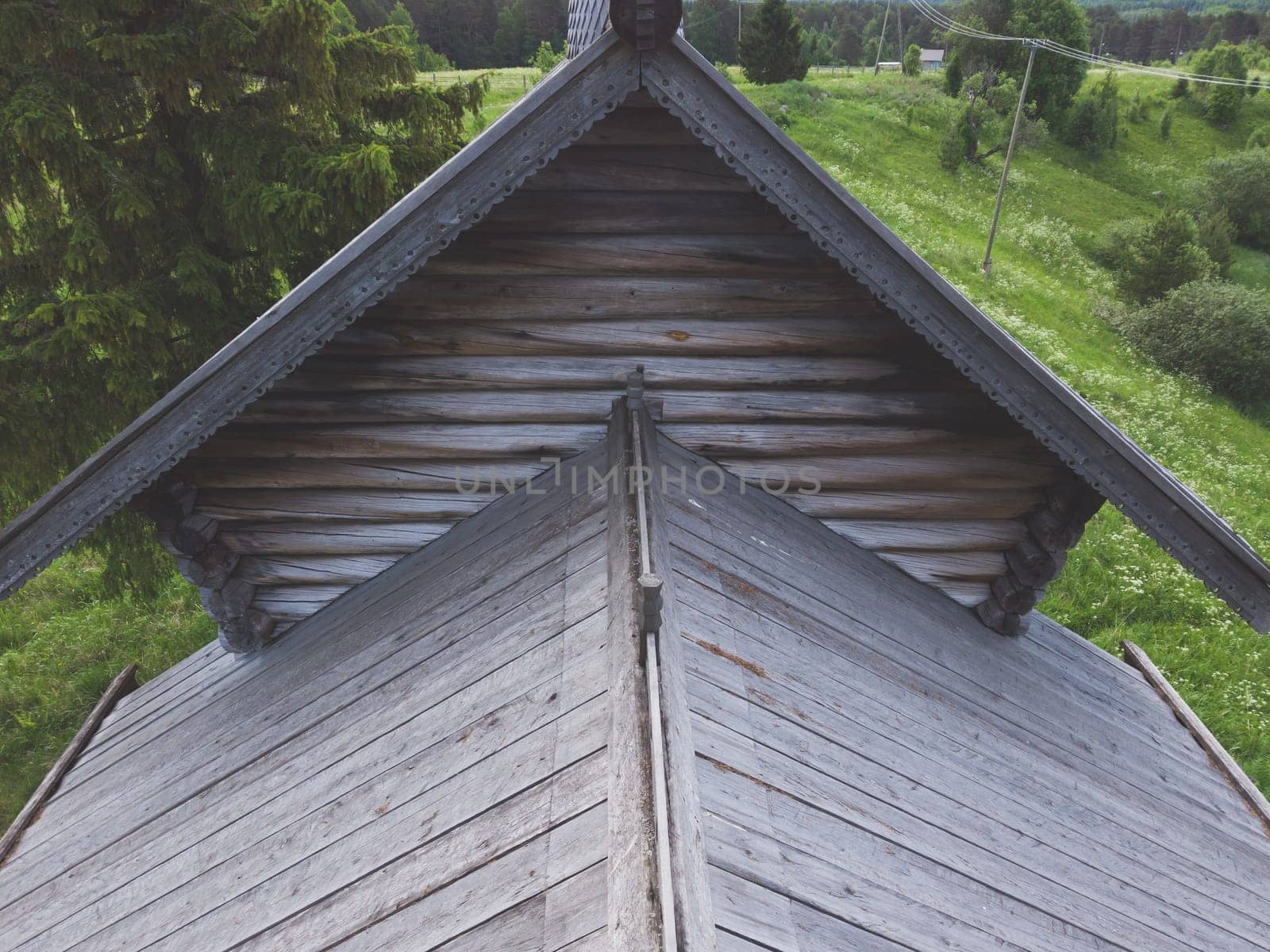 Roof of an old wooden house. view from above. traditional architecture