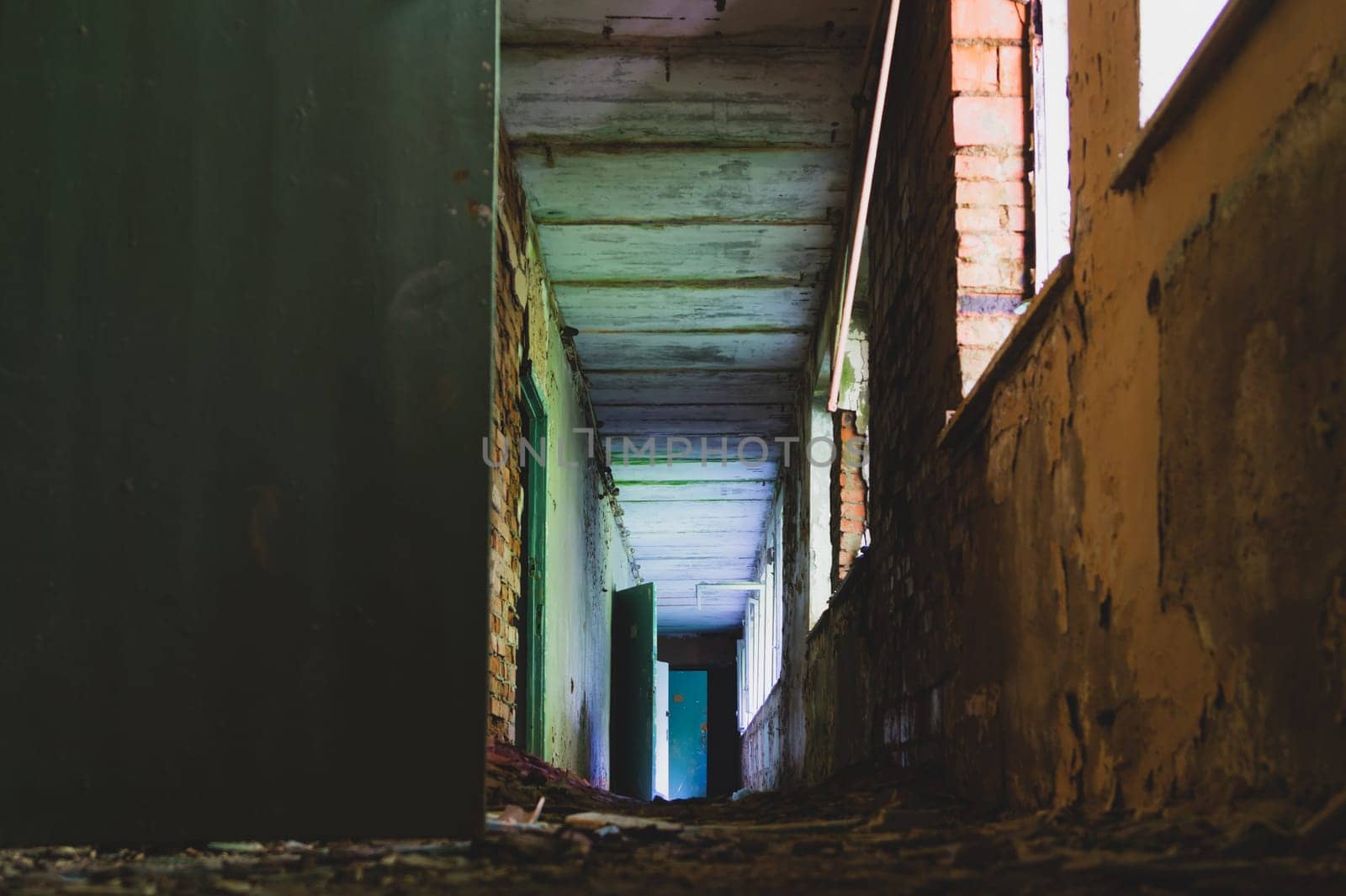 Corridor in the ruined building. old abandoned house