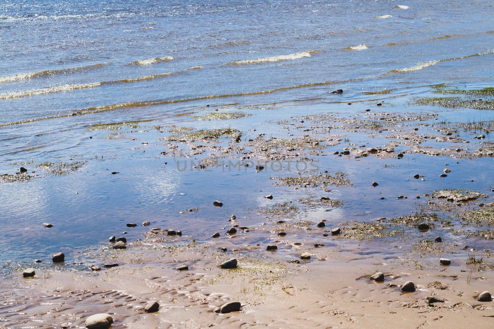 Stones on wavy wet sand. pebbles on the seashore close up. abstract background