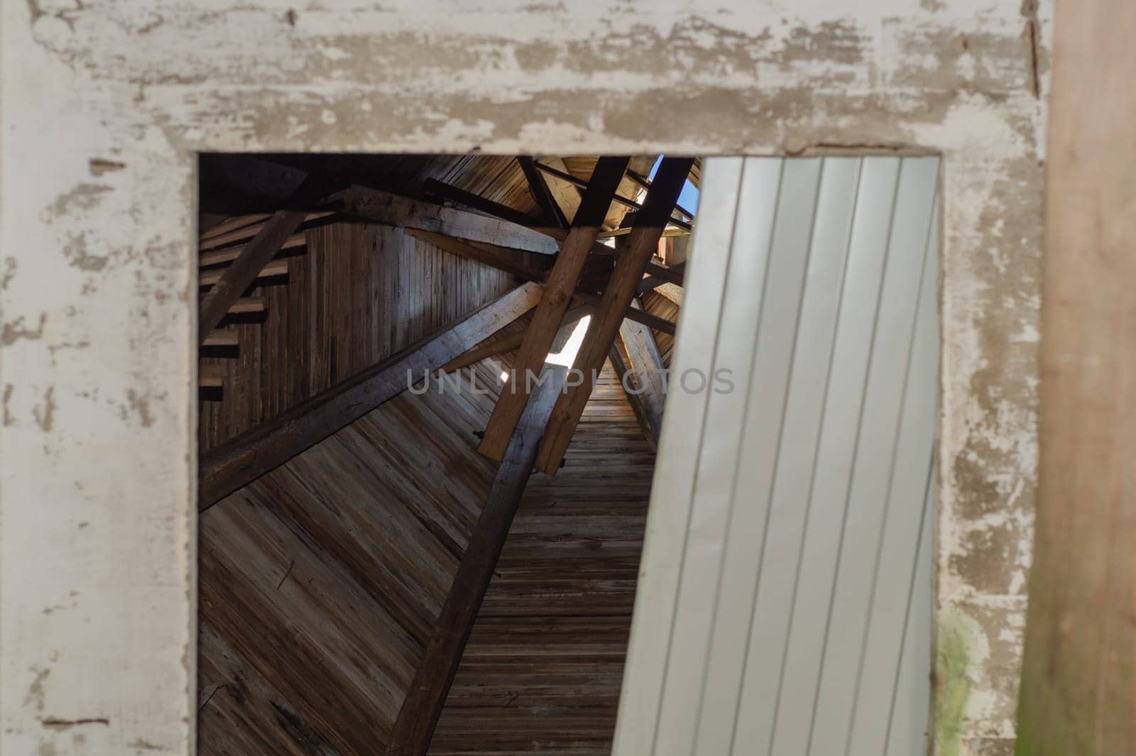 Inside the wooden dome of the church. interior of old tower
