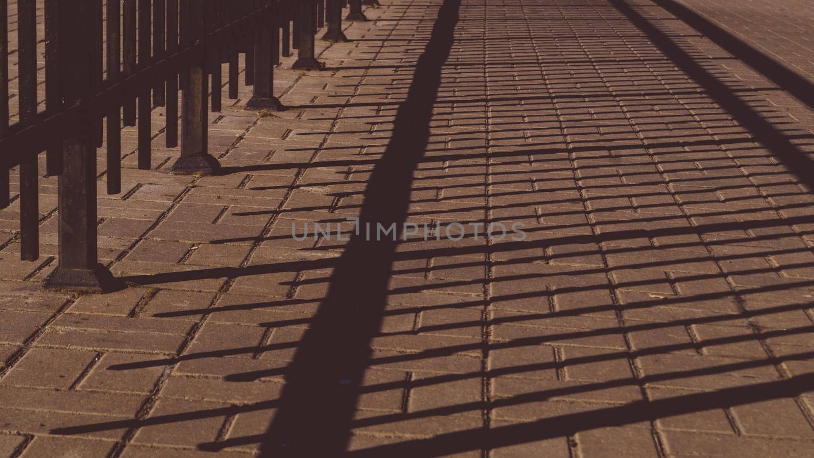 Shadow of the iron fencing on the pavement. summer day. abstract background