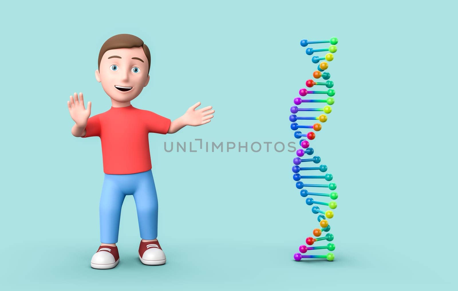 Happy Young Kid 3D Cartoon Character and Colorful DNA Chain on Blue Background 3D Illustration