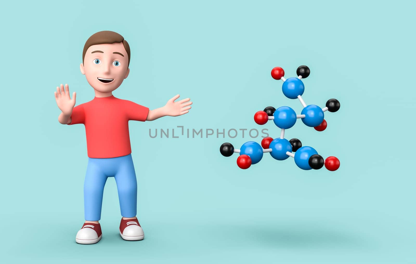 Happy Young Kid 3D Cartoon Character and Molecule Shape Structure on Blue Background 3D Illustration