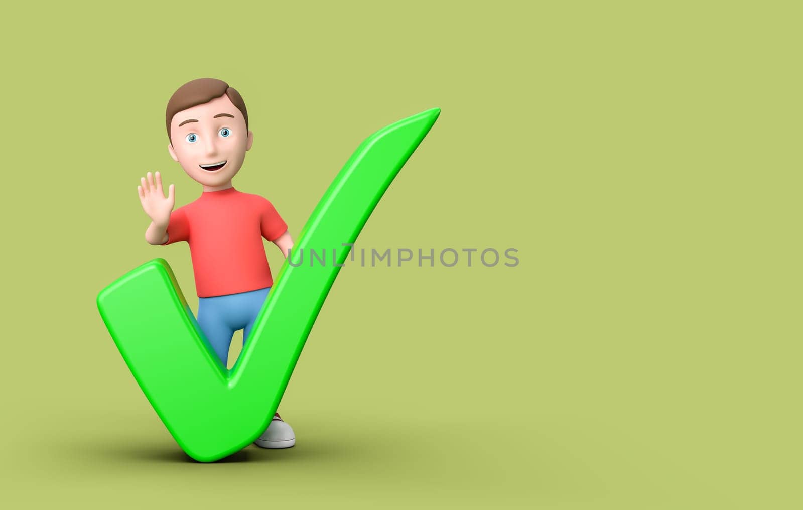 Happy Young Kid 3D Cartoon Character with Check Mark on Green Background with Copy Space 3D Illustration