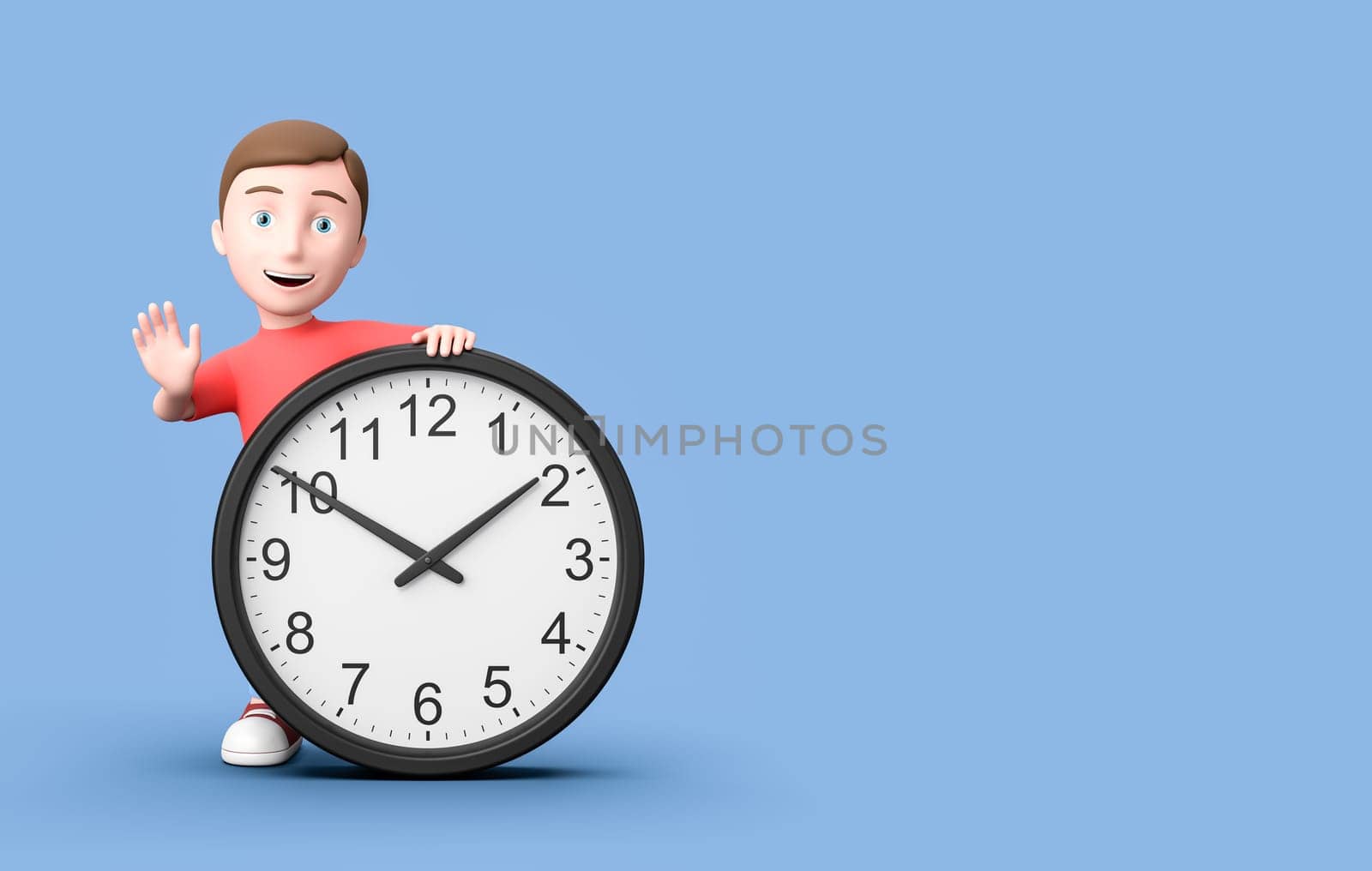 Happy Young Kid 3D Cartoon Character with Black Analog Clock on Blue Background with Copy Space 3D Illustration, Time Concept