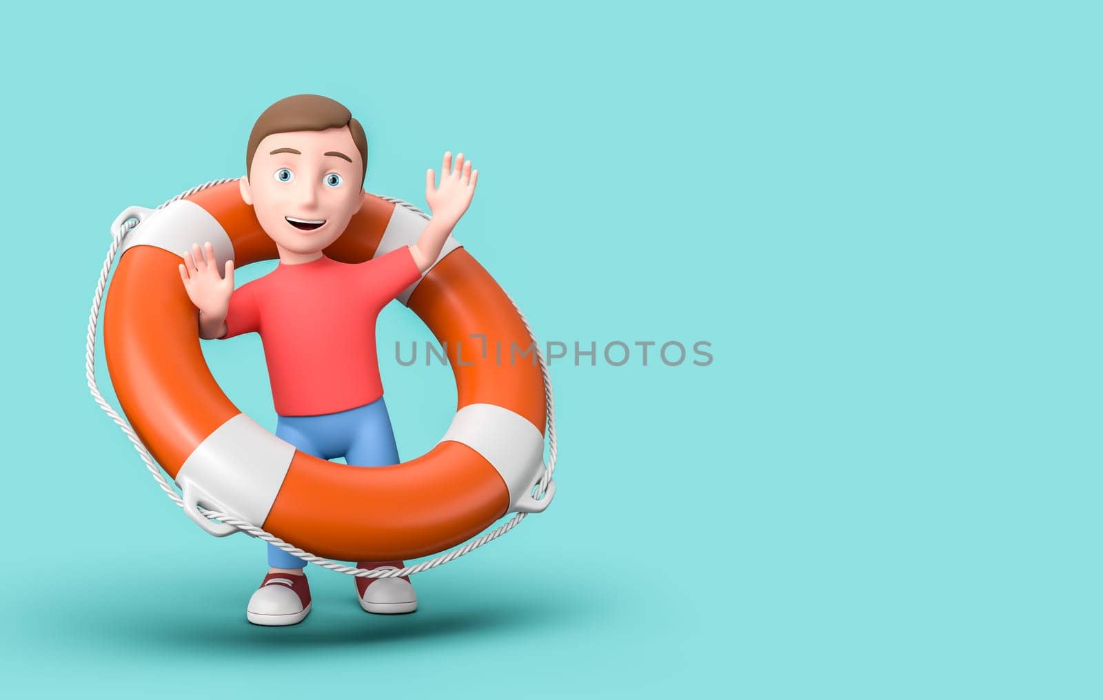 Happy Young Kid 3D Cartoon Character with Lifebelt on Blue Background with Copy Space 3D Illustration