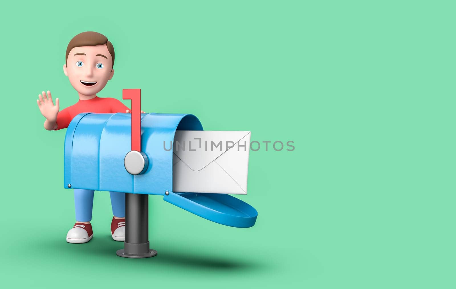 Happy Young Kid 3D Cartoon Character with a Mailbox with Envelop on Blue Background with Copy Space 3D Illustration