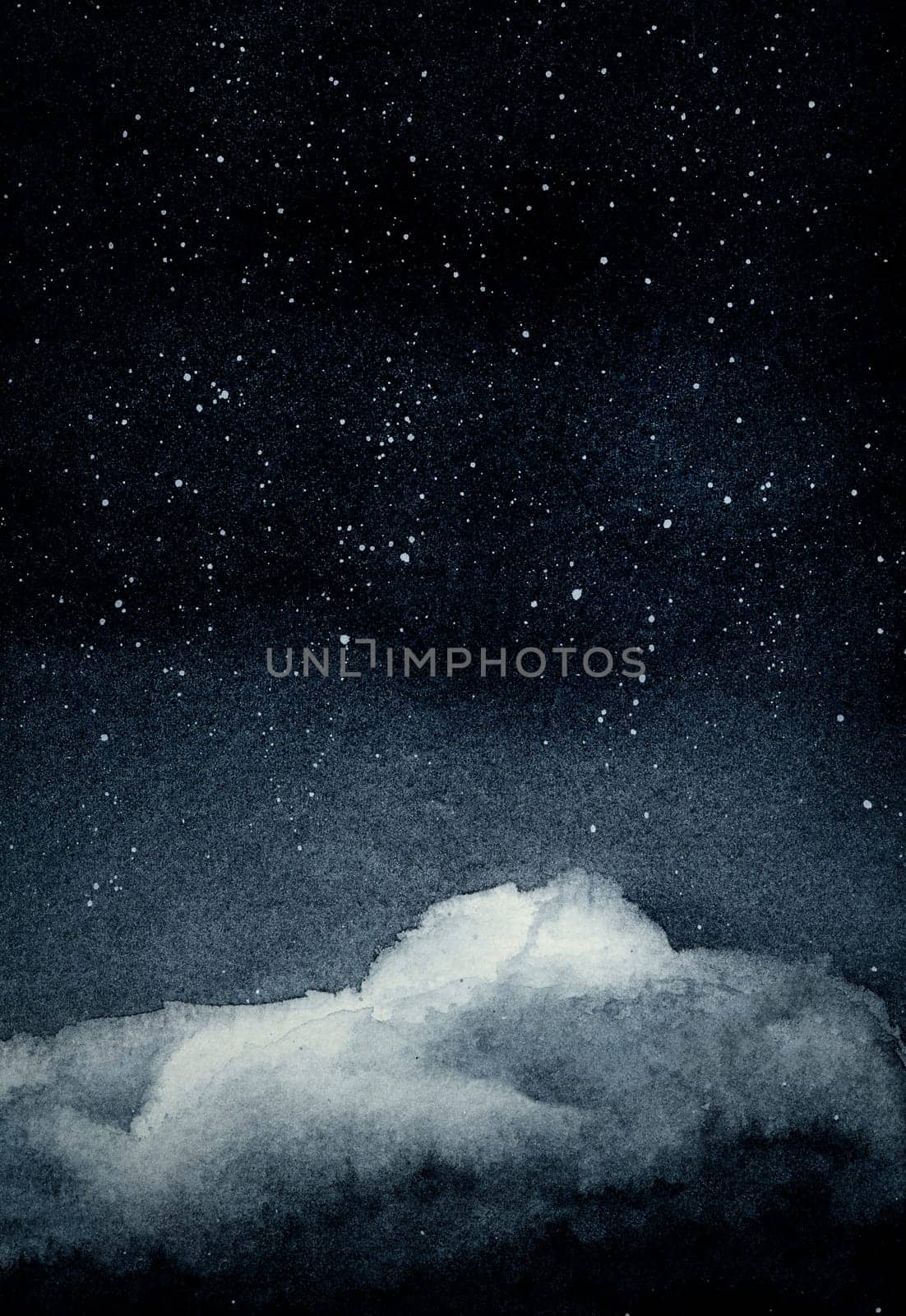 Starry night sky with cloud watercolor painting background. Hand drawn on paper with texture illustration.