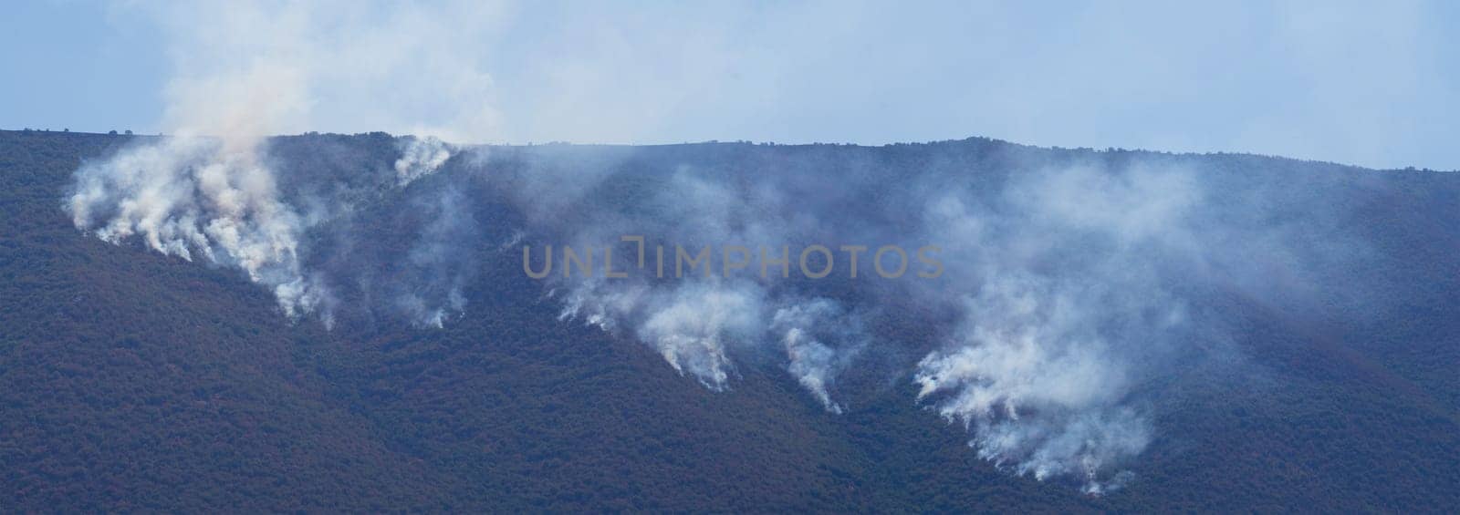 panoramic landscape of natural disaster wildfire burning the forest on a mountain with smoke rising up to the sky in day time
