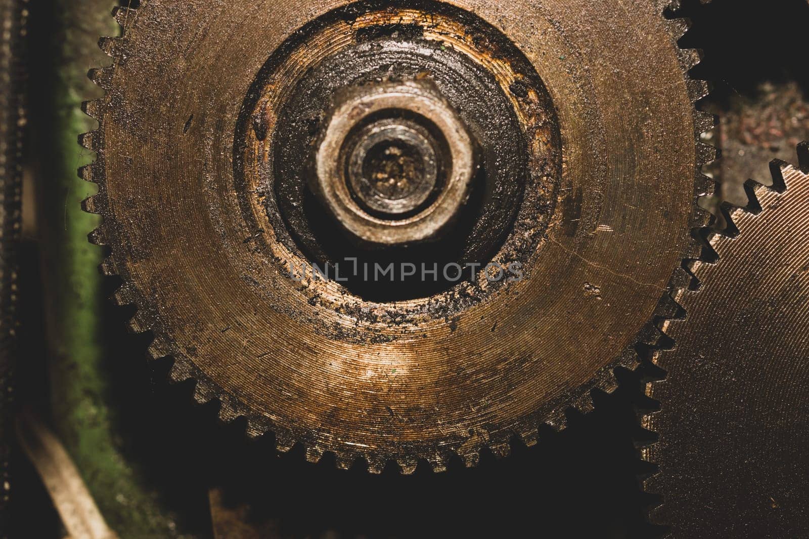 Gears of industrial machine. detail of mechanism. old cogwheels. mechanical parts of machinery