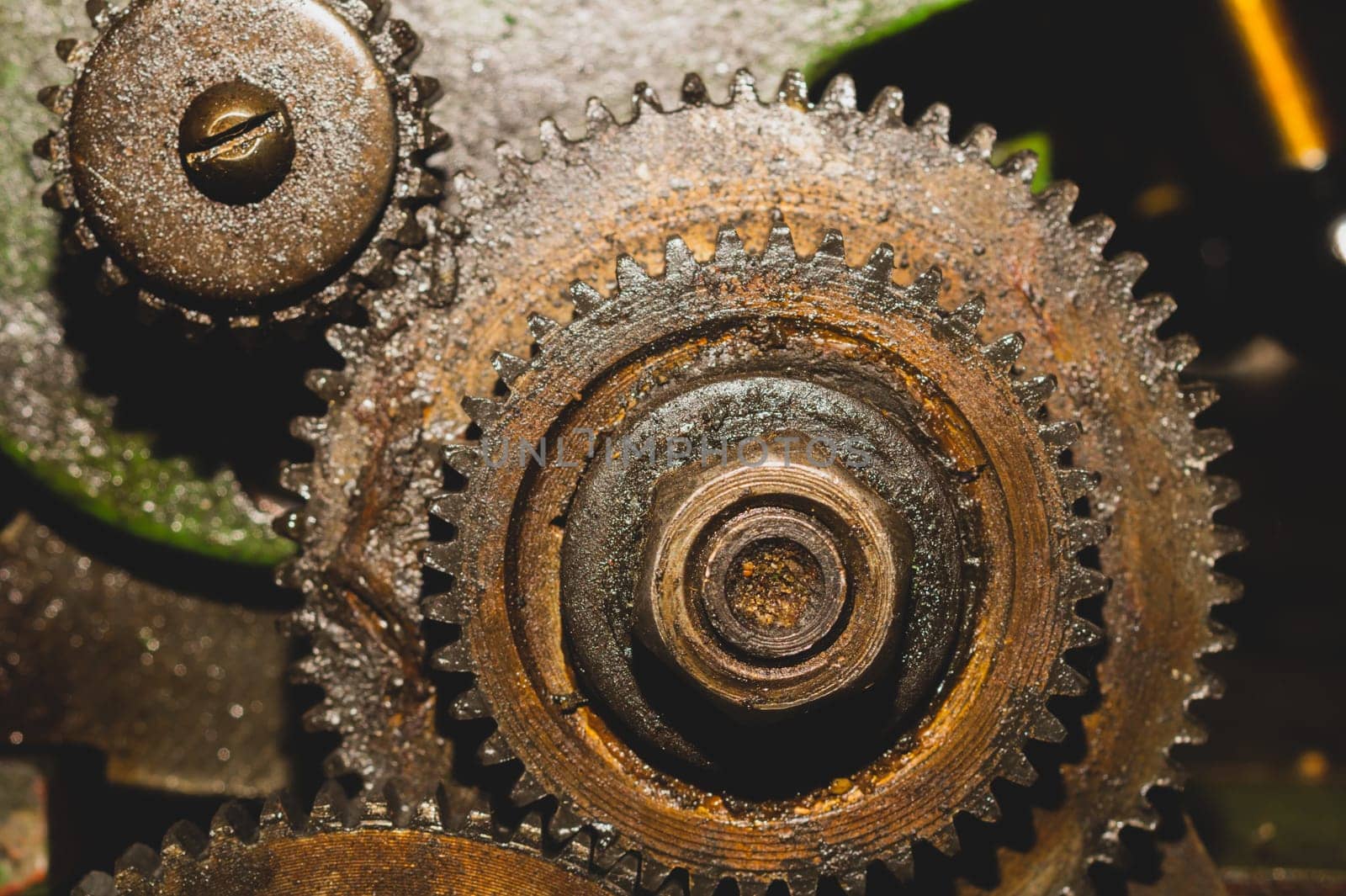 Gears of industrial machine. detail of mechanism. old cogwheels. mechanical parts of machinery