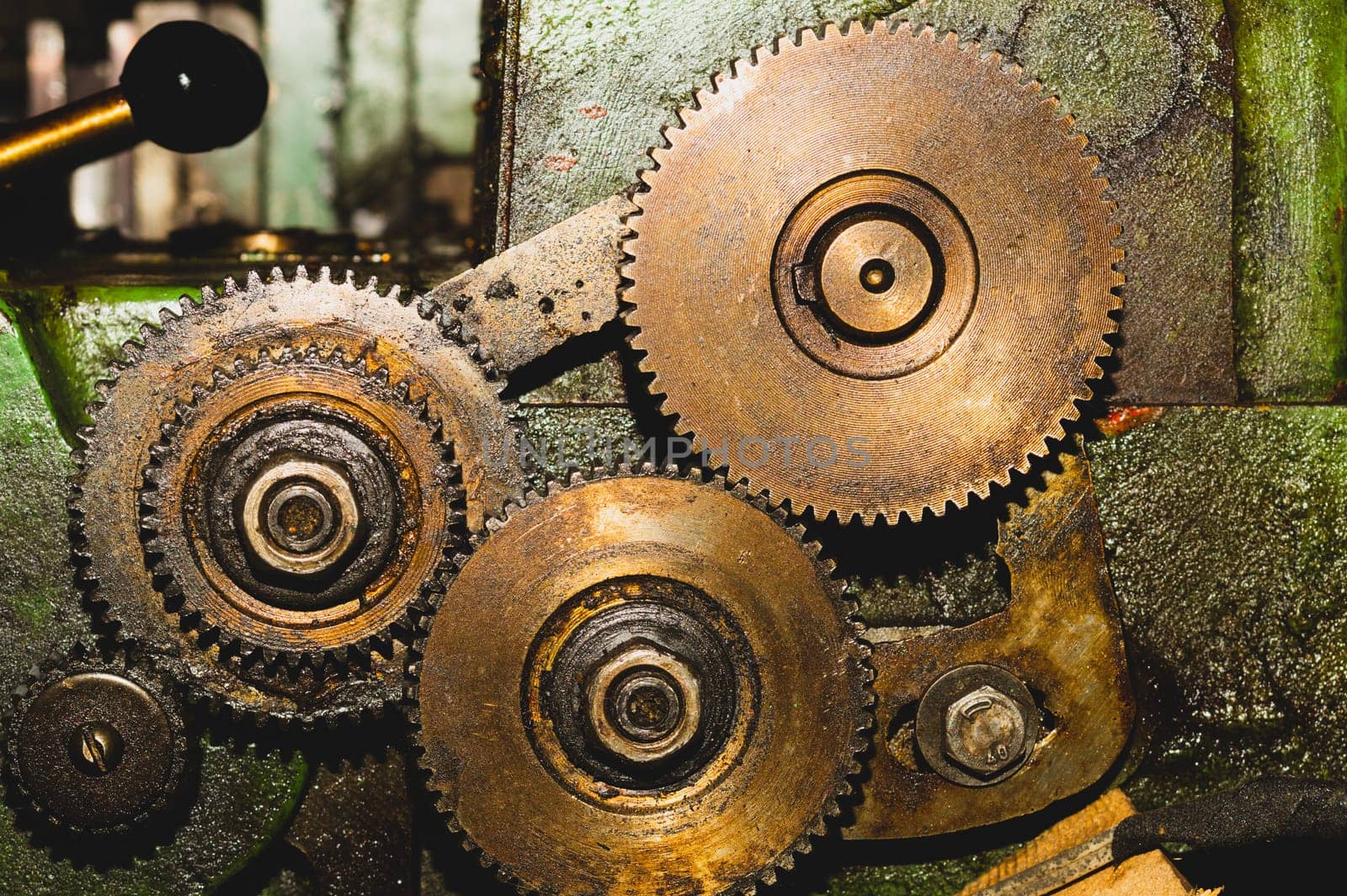 Gears of industrial machine. detail of mechanism. old cogwheels. mechanical parts of machinery