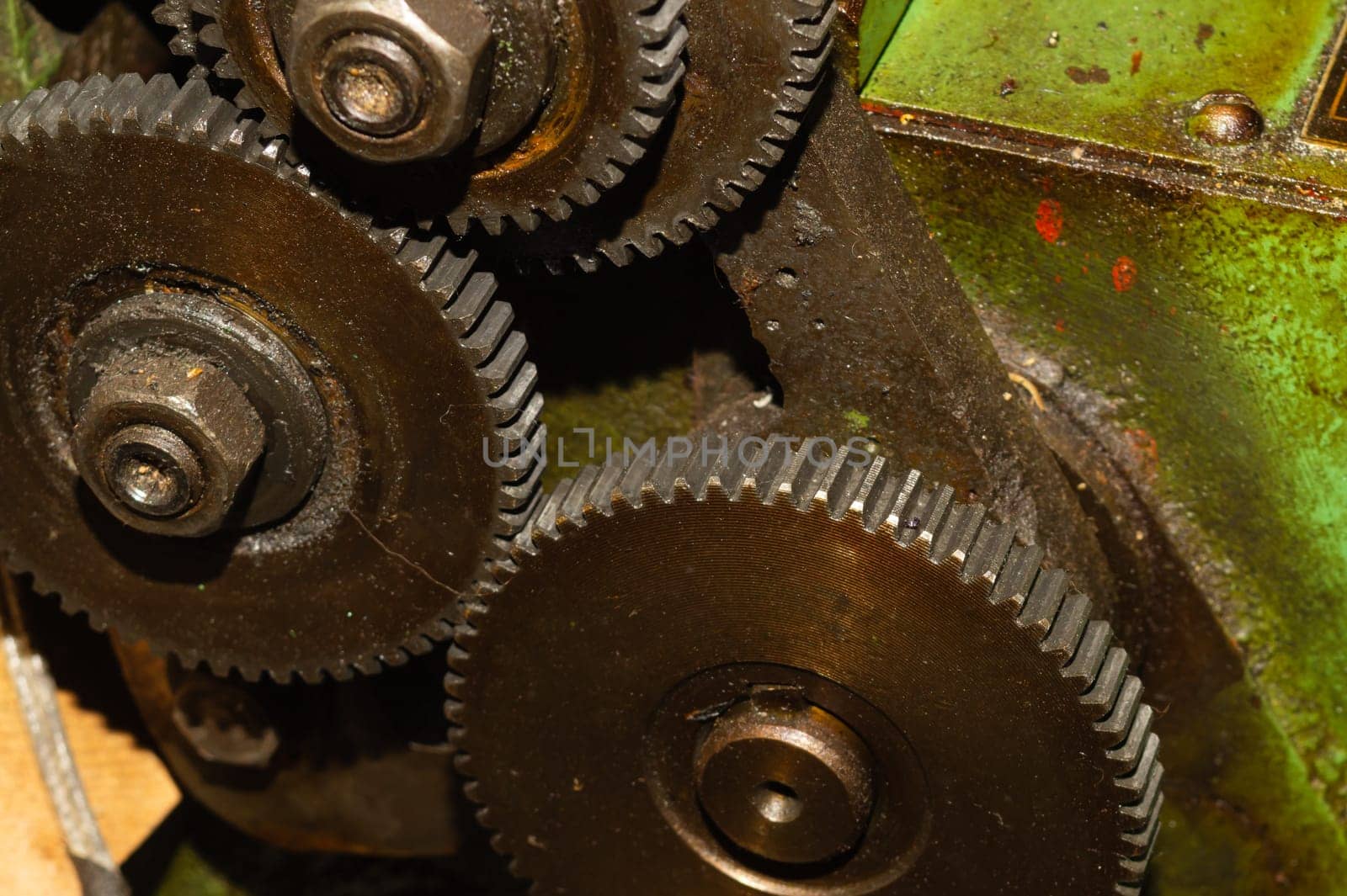Gears of industrial machine. detail of mechanism. old cogwheels. mechanical parts of machinery