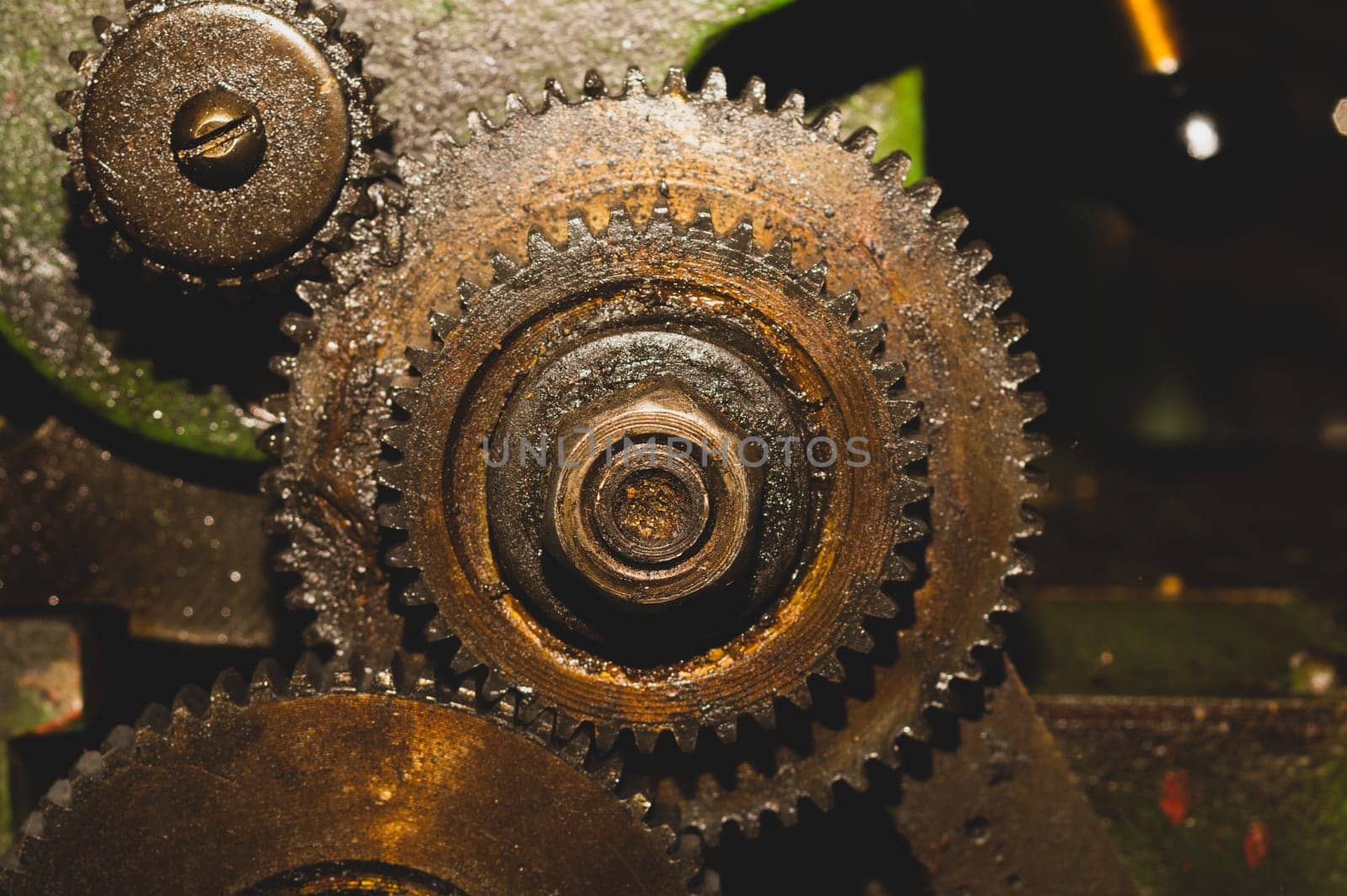 Gears of industrial machine. detail of mechanism. old cogwheels. mechanical parts of machinery