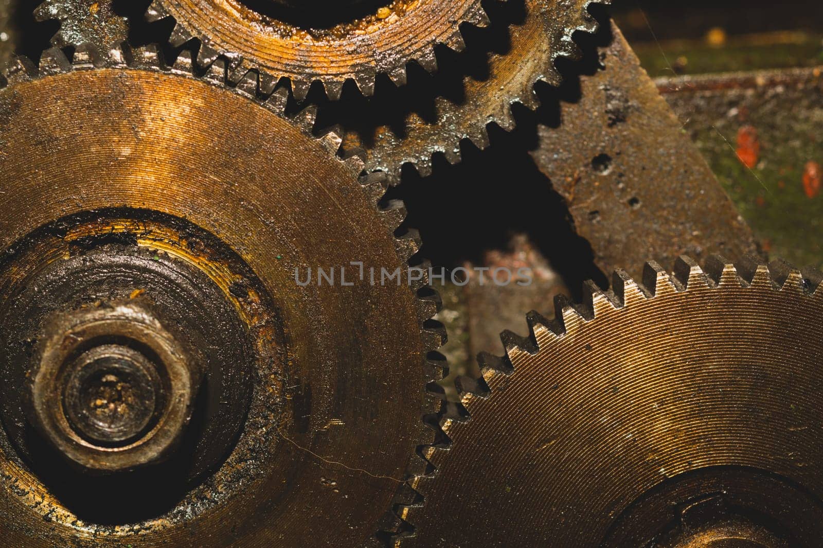 Gears of industrial machine. detail of mechanism. old cogwheels. mechanical parts of machinery
