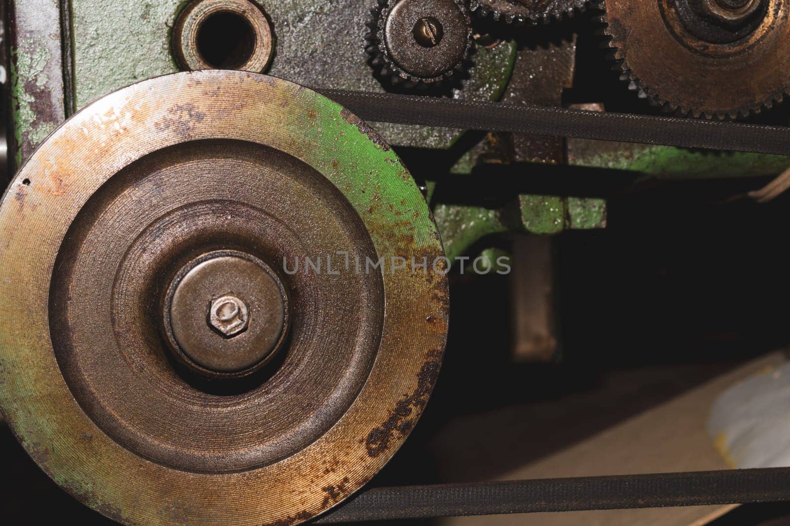 Gears of industrial machine. detail of mechanism. old cogwheels. mechanical parts of machinery