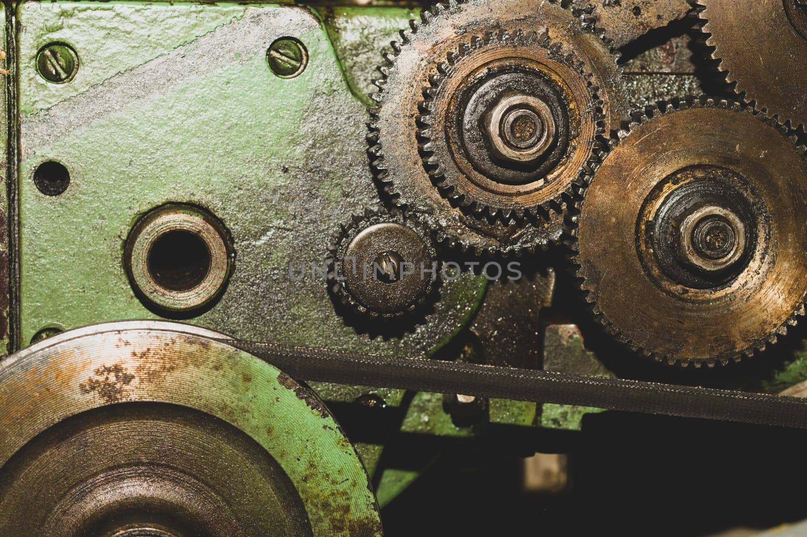 Gears of industrial machine. detail of mechanism. old cogwheels. mechanical parts of machinery