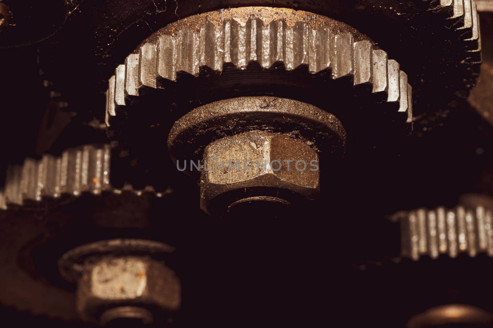 Gears of industrial machine. detail of mechanism. old cogwheels. mechanical parts of machinery