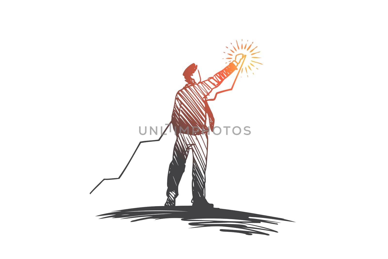 Investing, growth, profit, success concept. Hand drawn man building a chart of growing success concept sketch. Isolated vector illustration.