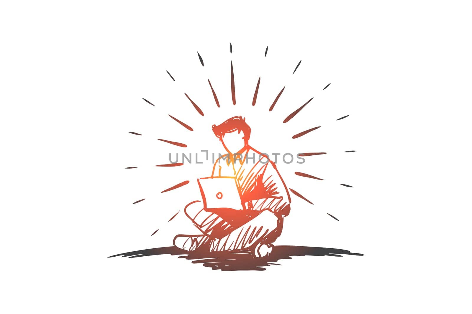 Idea, freelance, freedom, success, laptop concept. Hand drawn man working with laptop concept sketch. Isolated vector illustration.