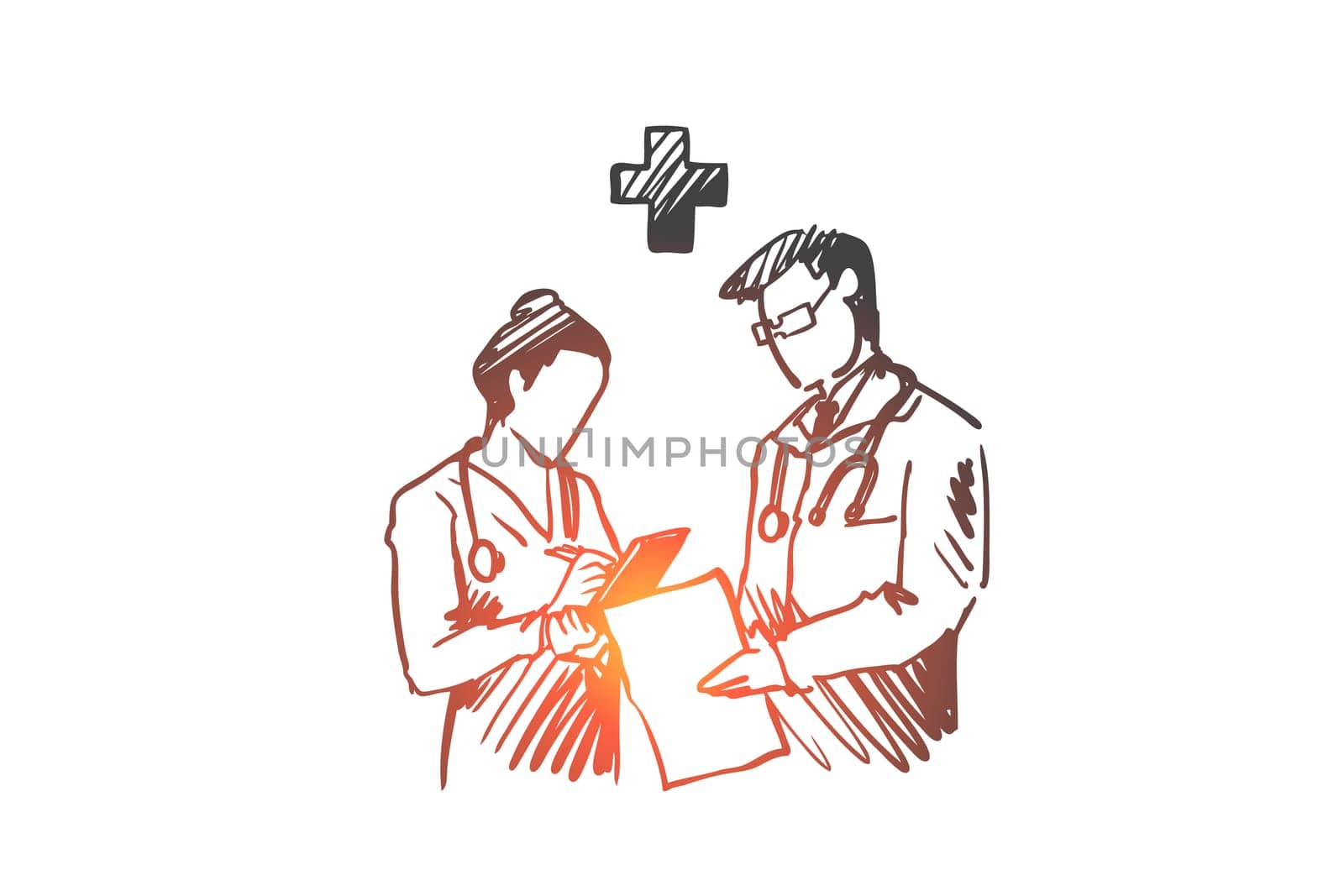 Medicine, doctors, diagnosis, hospital, health concept. Hand drawn doctors in clinic discussing medical issues concept sketch. Isolated vector illustration.