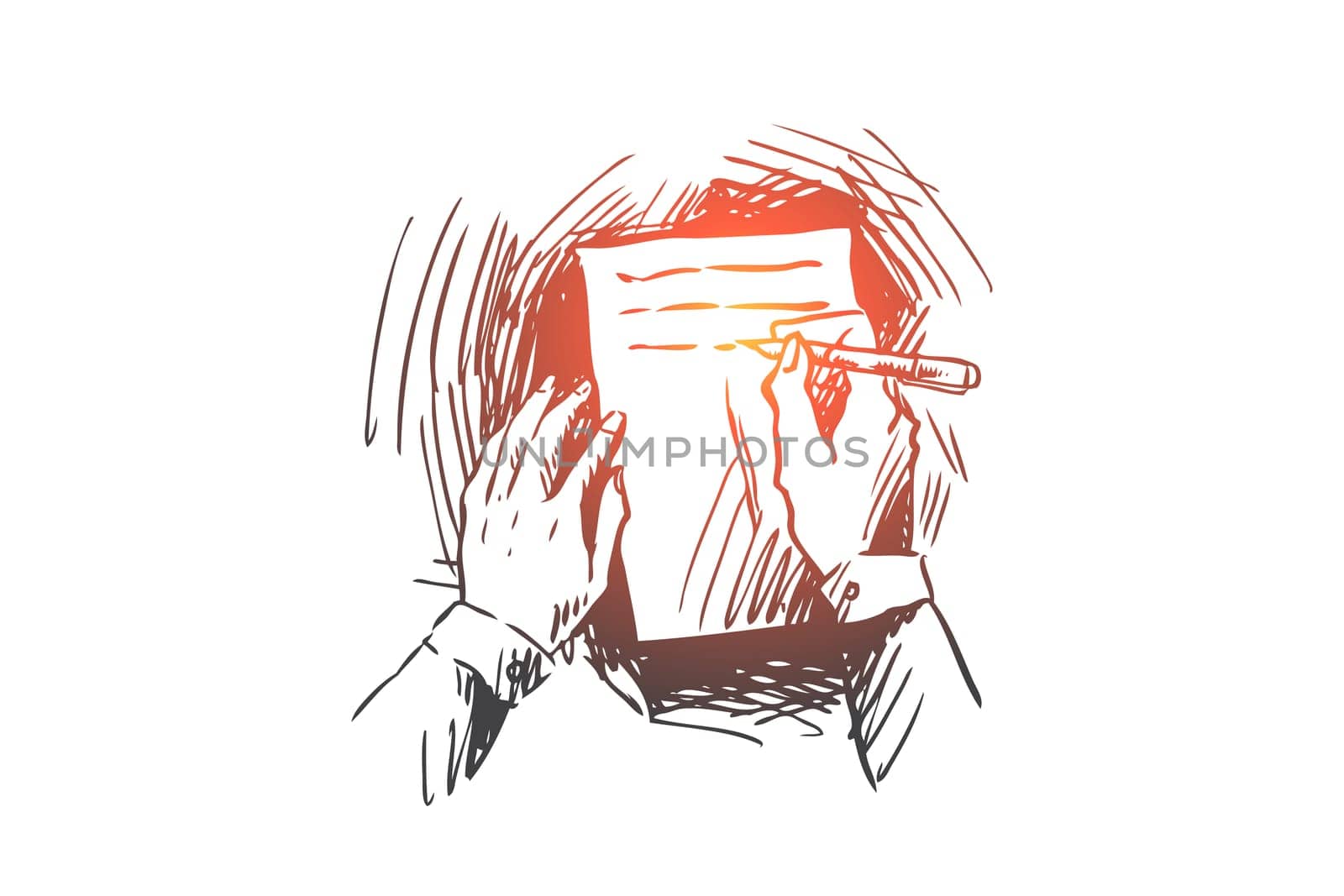 Letter, contract, business plan, contract concept. Hand drawn person signs a contract, hands close up concept sketch. Isolated vector illustration.